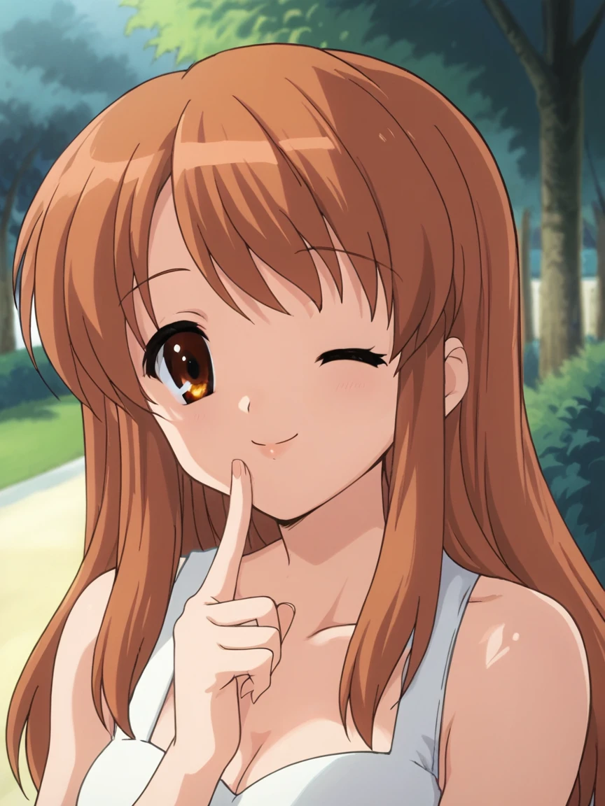 score_9, score_8_up, score_7_up, source_anime, girl, Mikuru, brown eyes, ginger hair color, long hair, big breasts, cute, happy, summer dress, bare shoulders, cleavage, <lora:Mikuru_Asahina_SDXL:1>, finger on mouth, closed mouth, smile, one eye closed, wink, looking at viewer, background park, portrait,  close up, front view, masterpiece, 4k, best quality