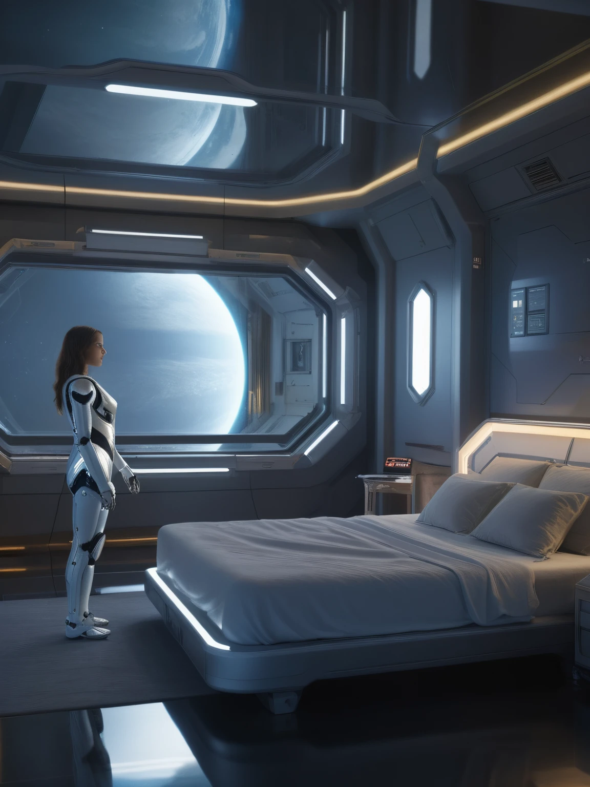 <lora:JJsScifiStyle_XL:.4>, ((Scifi Style)), ((masterpiece)), ((best quality)), scenery, real world location, realistic, high detailed, reflection, dramatic lighting,  (indoor) , 1girl,  robot, window,outspace, star, table, bed, monitor, screen,