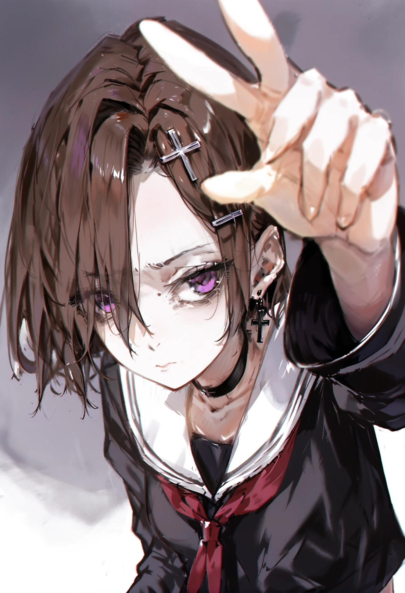 masterpiece, best quality,
1girl,
solo, looking at viewer, cross earrings, choker, hair over one eye, cross, hair ornament, purple eyes, earrings, short hair, jewelry, upper body, black choker, sailor collar, cross hair ornament, closed mouth, school uniform, brown hair, serafuku, long sleeves, shirt, breasts, necklace, red ribbon, ribbon, hairclip, eyelashes, latin cross, eyes visible through hair, parted bangs, frown, glaring, black shirt, bags under eyes
<lora:DInoballXLlokr8f-000185:0.95>