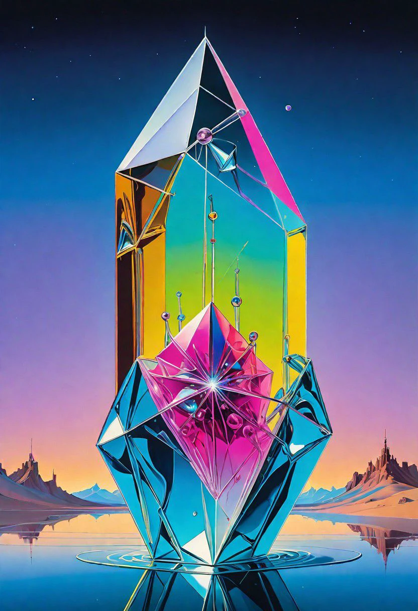 a detailed painting of a neon-transparent ancient crystal by Salvador Dal. smooth, solid, clean brushstrokes, high quality, cosmic eclipse. flowing, beautiful, surreal, unbelievable, prolific, fine detail, uhd 8k