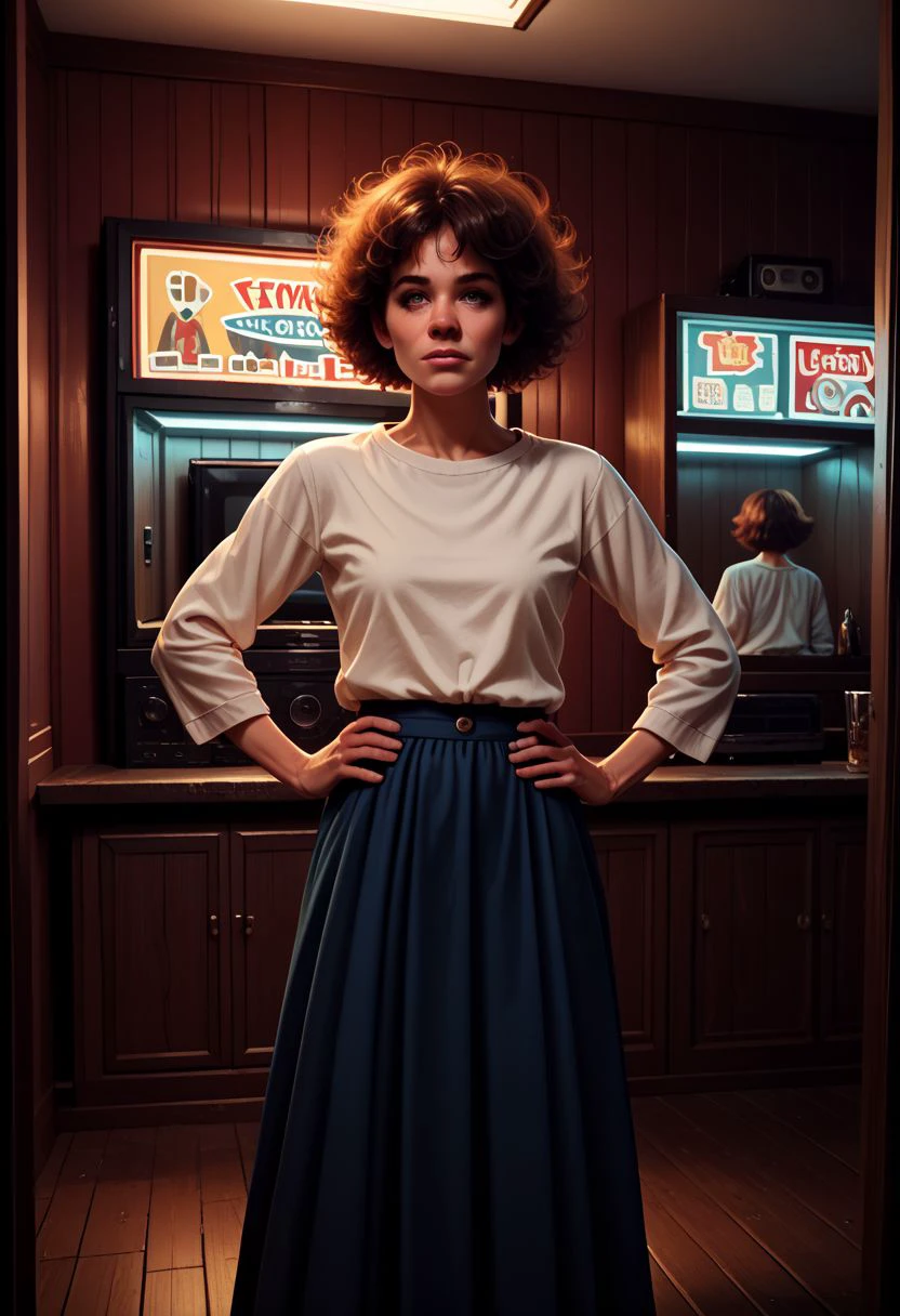 vintage americana, bar (place), television, hands on hips, long skirt, portrait, reflection, short hair, big hair, door, shirt, PonyXLV6_Scores zPDXL