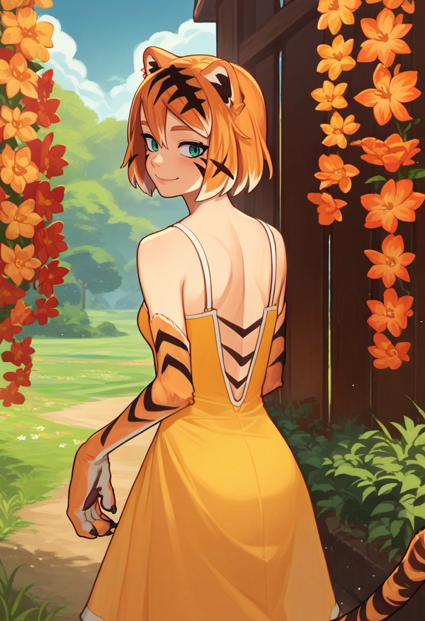 score_9, score_8_up, score_7_up, source_anime, from behind, solo, 1girl, valerie, tiger girl, orange fur, tiger stripes, facial mark, animal hands, smile, looking back, animal ears, yellow sundress, tiger tail, outdoors, flower field <lora:orcmassage_valerie_ponyXL:1>