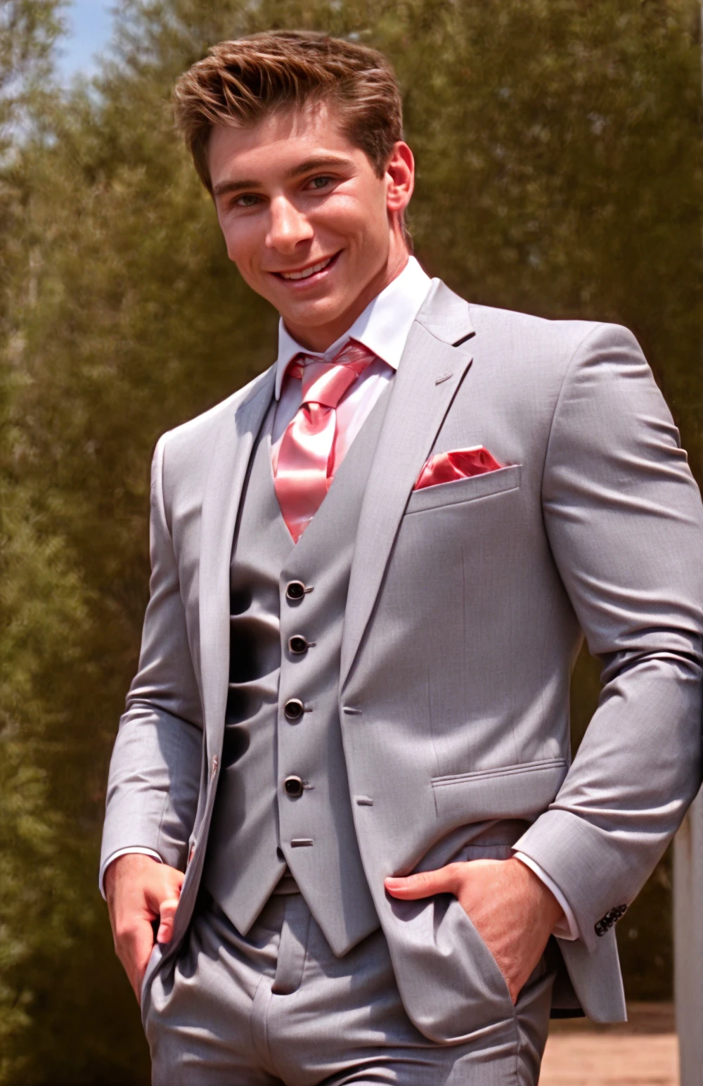 (face focus). (close up shot:0.01), <lora:BulkedUpAIR1.5:0.1>, (masculine:1.4), at outdoor sunny wedding, ((muscular man wearing designer formal suit)), sexy pose:1.0, confident, handsome, (((masterpiece))), (((best quality))), (hands on waist), male, athletic, looking at viewer, smile, big pecs:1.2, <lora:CameronFosterXXX (1):1>, CameronFosterXXX