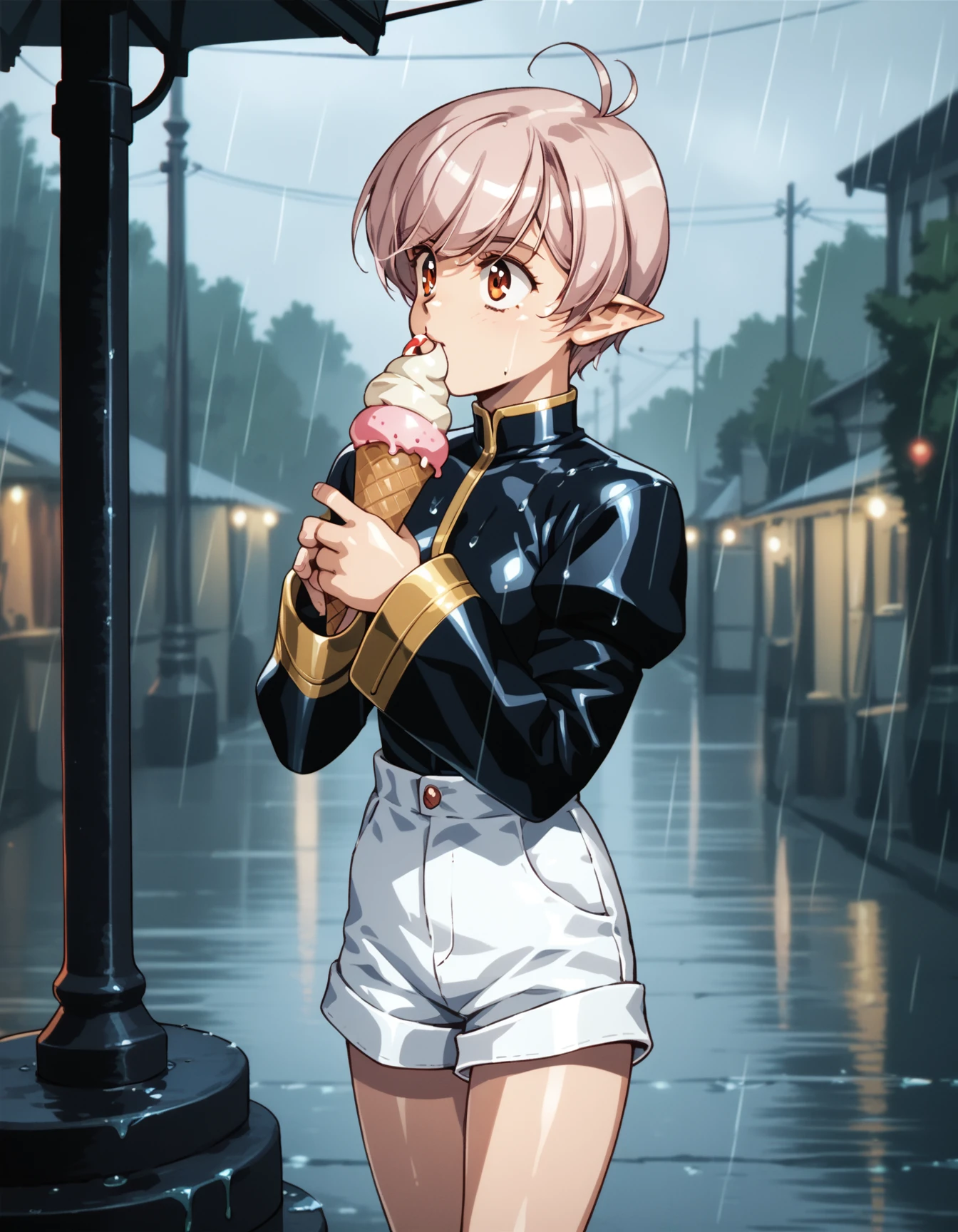 score_9,  score_8_up, score_7_up <lora:tippi-ponyxl-000025:1> tippi, juliet sleeves, black shirt, shorts,
1girl, solo, rain, ice cream, outdoors, storm