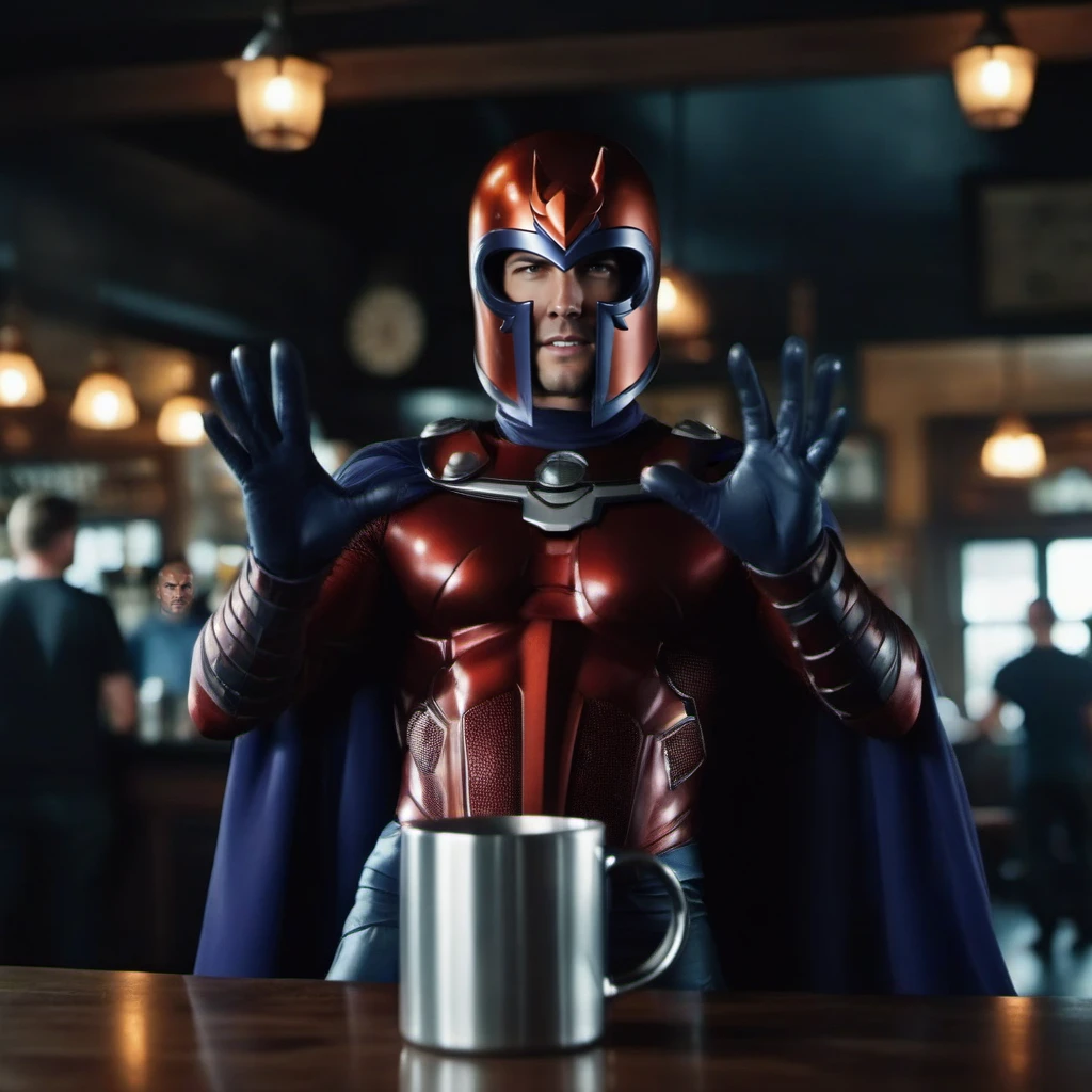 cinematic photo a man with a helmet and a cape is look intensely, opened hands casting a spell, a metal mug on a counter in a pub <lora:Magneto1024:0.8> . 35mm photograph, film, bokeh, professional, 4k, highly detailed