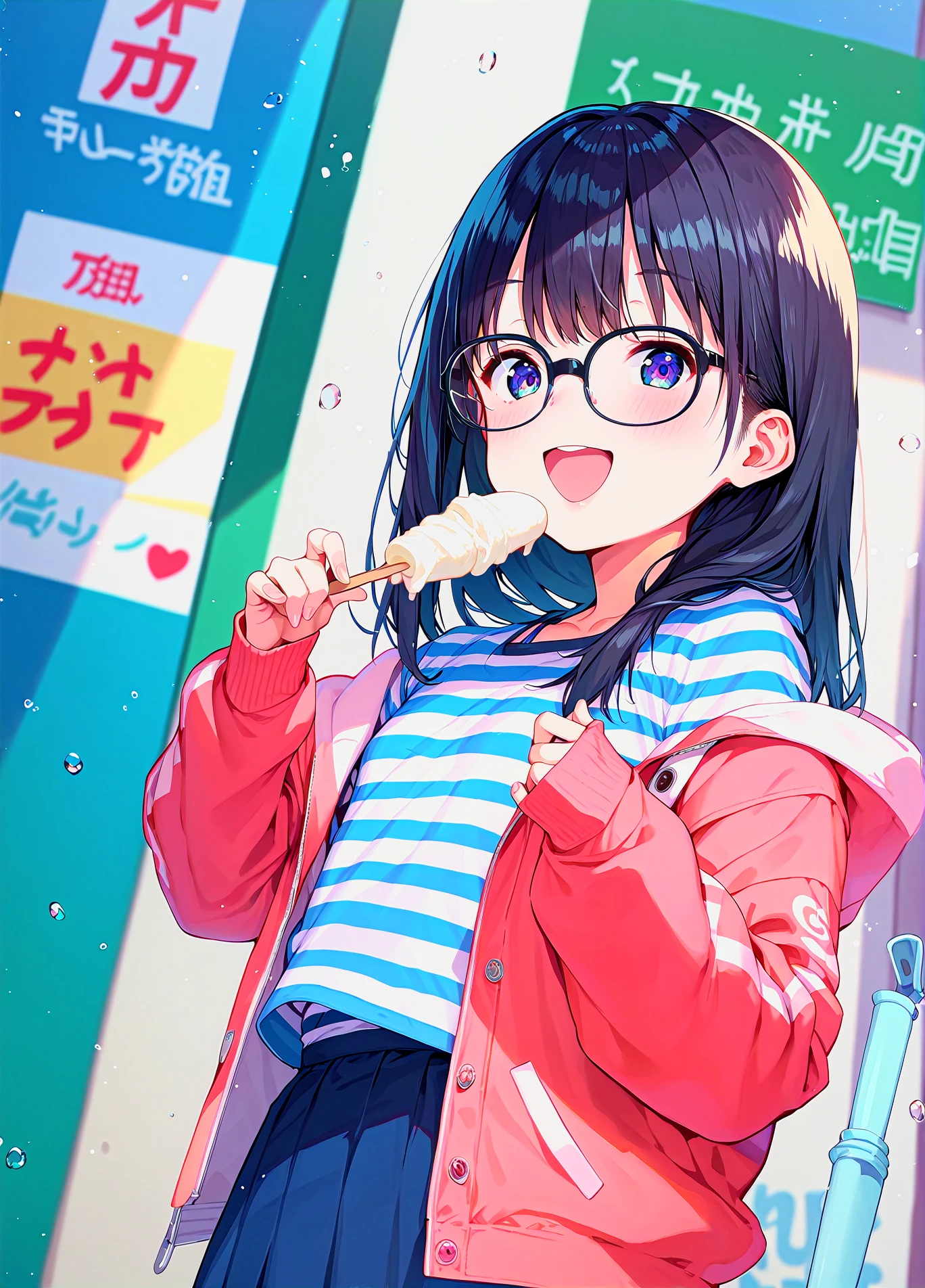 score_9, score_8_up, score_7_up, score_6_up, a girl is holding an ice cream, smile, glasses, jacket, striped shirt, long hair, open mouth, skirt, oversized clothes, blush, dutch angle,
<lora:ponsuke_style_pony6_v1-000022:.8>