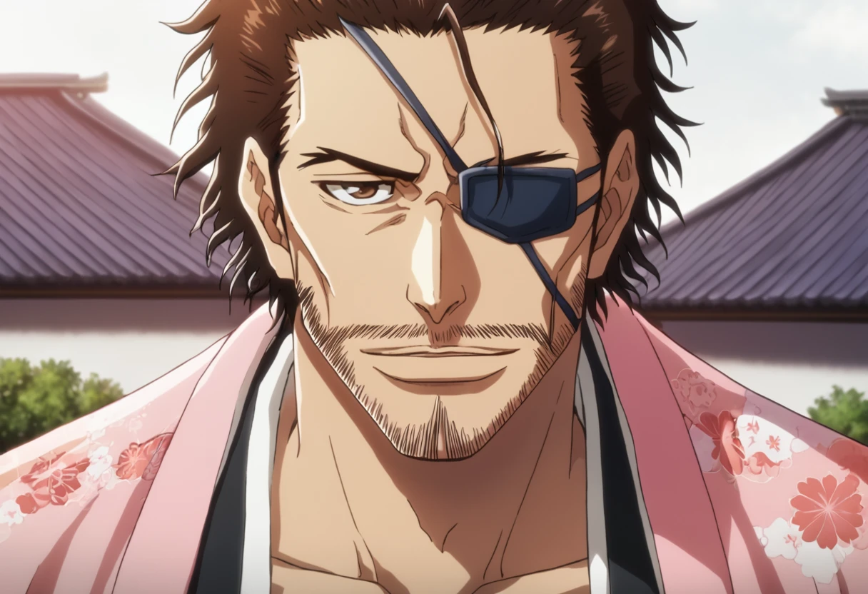 score_9, score_8_up, score_7_up, ,source_anime,BREAK,overalldetail,eyedetail,detailed face,
BleachTYBW,kyoraku,score_9,, 1boy, male focus, eyepatch, facial hair, solo, japanese clothes, beard, kimono, looking at viewer, brown eyes, brown hair, black hair, portrait
 <lora:bleach_tybw_pony:0.8>