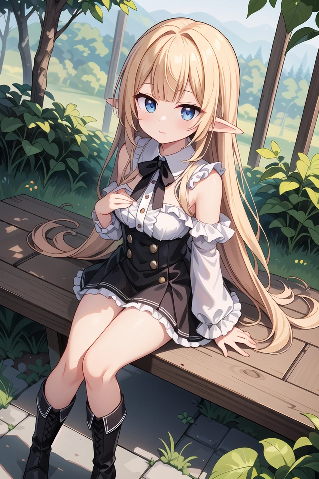 insanely detailed, absurdres, ultra-highres, ultra-detailed, best quality,
1girl, solo, nice hands, perfect hands
BREAK
elf girl, boots
BREAK
sitting on branch,
from above,looking up,
cowboy shot, looking at viewer
BREAK
slender, kawaii, perfect symmetrical face, ultra cute girl, ultra cute face, ultra detailed eyes, ultra detailed hair, ultra cute, ultra beautiful
BREAK
in forest, ground, leaf, butterfly, (wide shot magnificent view:1.2),
(dappled sunlight:1.2), blurry, (depth of field:1.1)
BREAK
shiny hair, blonde hair, blunt bangs