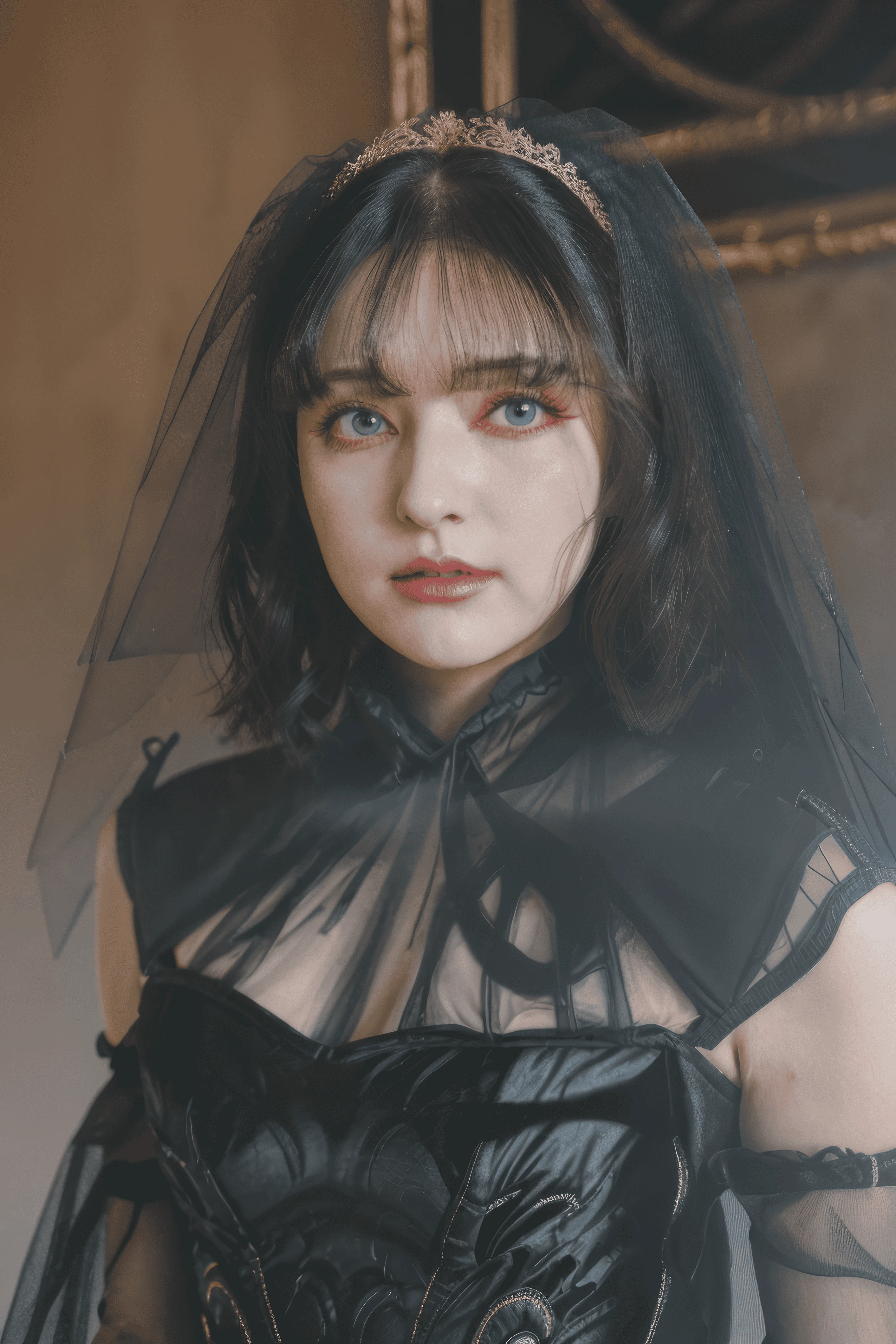 1girl, black veil, solo, black hair, bangs, long hair, portrait, closed mouth, realistic, blue eyes, lips, looking at viewer, blurry, dress, upper body, dark veil, <lora:lachesishd.safetensors:1.0>, lachesis, <lora:Perfect Hands v2.safetensors:1.0>, lachesis face, dark veil, little smile