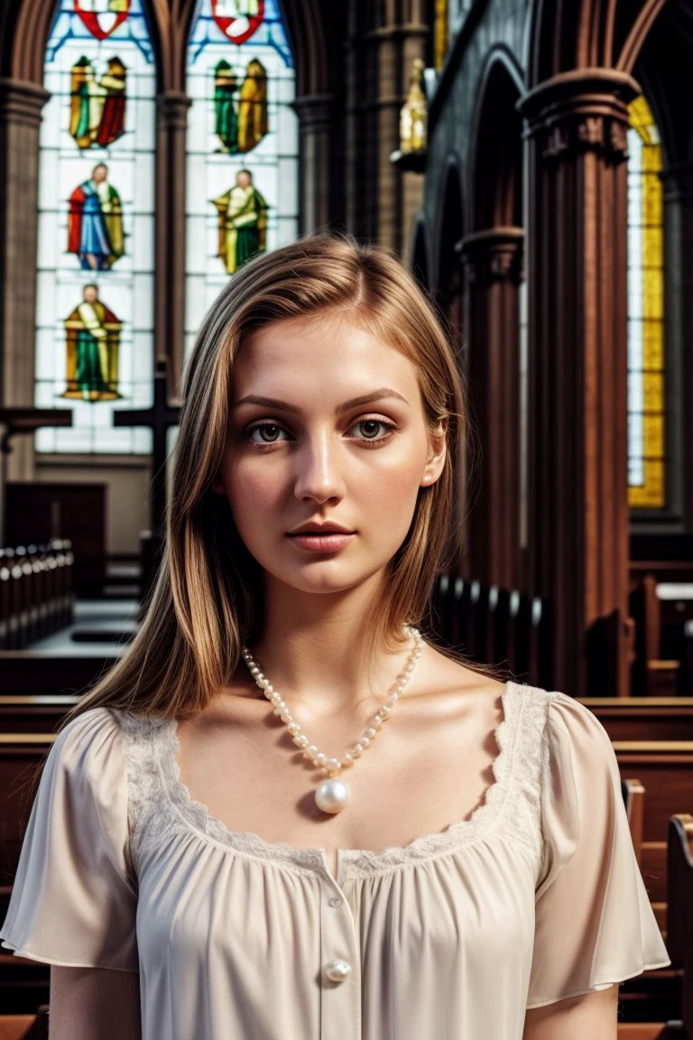 European woman, closeup, (shirt), pants, ((inside a church: 1.2), stained glass), pearl necklace , ZM_angelica, wide shoulders, perfect face, (contact iris: 1.1), pale skin, skin pores , depth of field