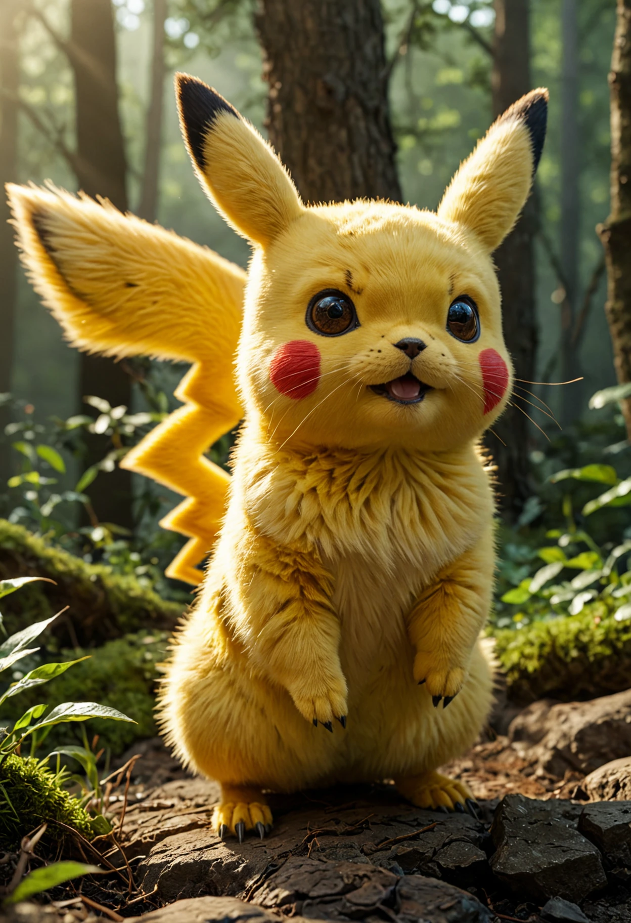 professional-photo, full-portrait : Pikachu was designed around the concept of electricity. They are creatures that have short, yellow fur with brown markings covering their backs and parts of their lightning bolt-shaped tails. They have black-tipped, pointed ears and red circular pouches on their cheeks, which can spark with electricity.
BREAK 
cute-cartoonish-look, perfect-eyes, sun-rays, detailed, forest-background, dark-atmosphere
BREAK 
dynamic-lighting, (soft-shadows), (sharp-focus), (photo-realistic), extreme-details, uhd, 8k