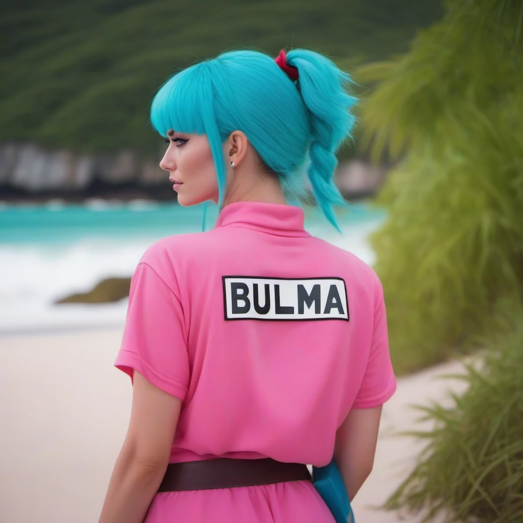 cinematic photo a woman with blue hair in a pink outfit, text ''BULMA'', text ''99'', beach jungle <lora:Bulma1024:0.8> . 35mm photograph, film, bokeh, professional, 4k, highly detailed