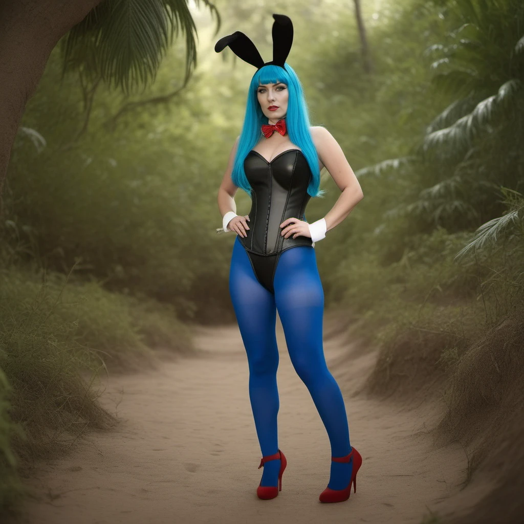 cinematic photo a woman with blue hair and black bunnyhears wears a black corset  and blue tights and red highheels and a bunnytail, beach, jungle  <lora:Bulma1024:0.8> . 35mm photograph, film, bokeh, professional, 4k, highly detailed