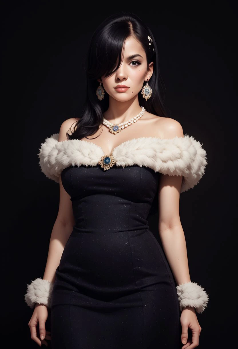 vintage americana, 1girl, solo, black hair, mole under mouth, strapless dress, hair over one eye, mole, dress, jewelry, strapless, necklace, bare shoulders, long hair, earrings, hair ornament, fur trim, large breasts, PonyXLV6_Scores zPDXL