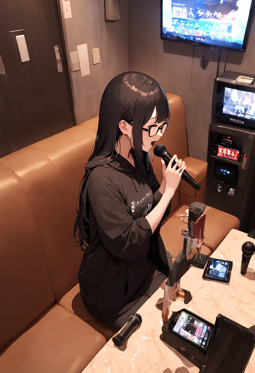 masterpiece, best quality, very aesthetic, absurdres,
1girl, solo, glasses, black hair, long hair, black hoodie, singing, holding microphone, karaoke,
karaokeroom, scenery, table, door, indoors, couch, television,joypad, microphone,
<lora:karaokeroom_SDXL_V1:1>