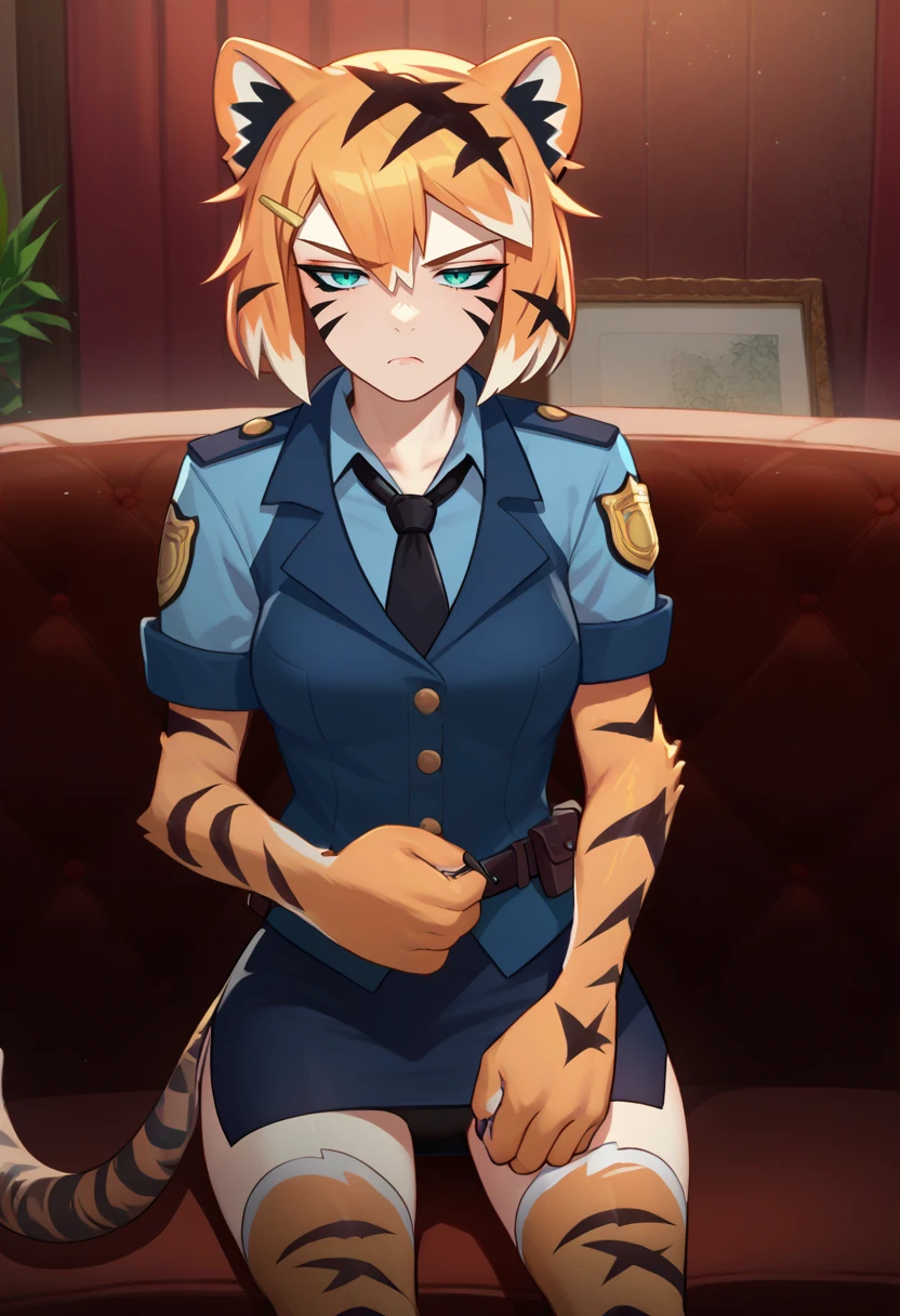 score_9, score_8_up, score_7_up, source_anime, solo, 1girl, valerie, tiger girl, orange fur, tiger stripes, facial mark, animal hands, claws, unamused, looking at viewer, sitting, couch, animal ears, police uniform, blue jacket, short sleeves, black necktie, blue skirt, pencil skirt, side slit, belt, thighhighs, animal print, tiger tail, indoors <lora:orcmassage_valerie_ponyXL:1>