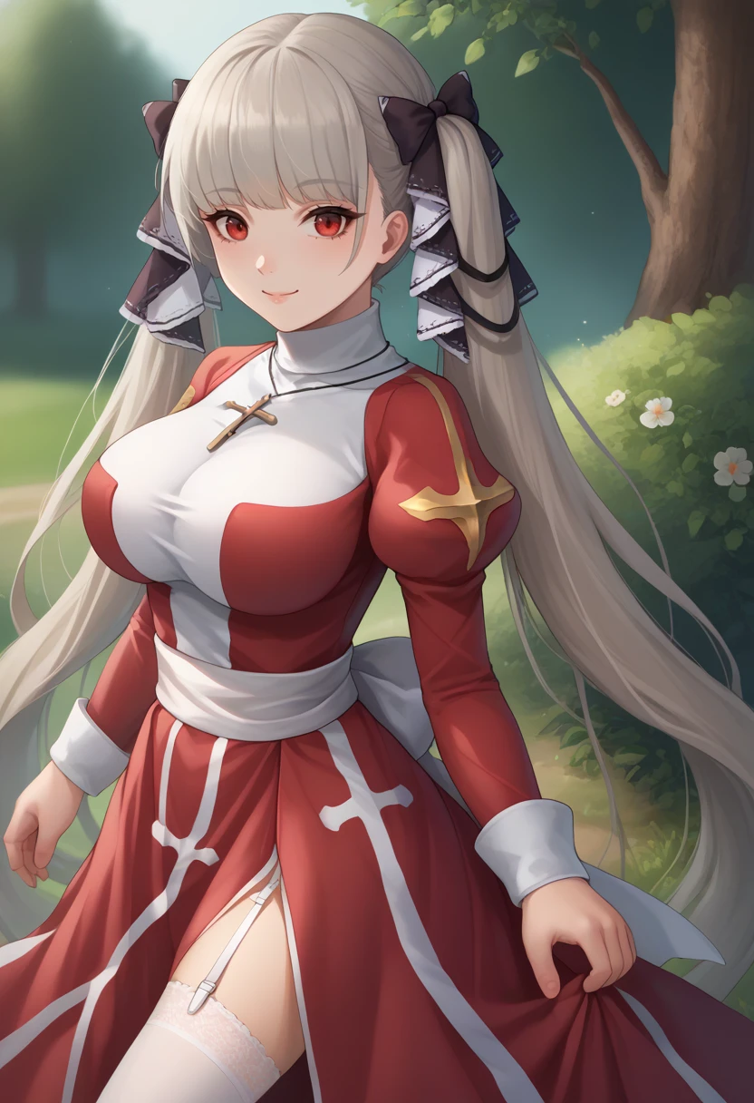 score_9, score_8_up, score_7_up, source_anime, solo, 1girl, azlnfrmdbl, smile, looking at viewer, standing, grey hair, very long hair, twintails, hair bow, hair ribbon, ragnarokhighpr, two-tone dress, red dress, white dress, white sash, long sleeves, puffy sleeves, juliet sleeves, white thighhighs, garter straps, cross necklace, large breasts, outdoors <lora:attire_ro_highpriest_ponyXL:1> <lora:Hoseki_AzurLane_Formidable_PDXL_v1:0.9>