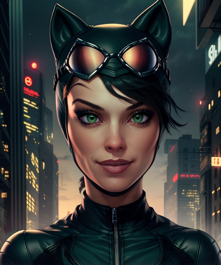 Selina,green eyes,
bodysuit,headcap,cat ears,goggles on head,
standing,light smile,
cityscape,night,
(insanely detailed, masterpiece, beautiful face, best quality),solo,<,,,,,<lora:catwomanAK:0.8>,,,,,,,
