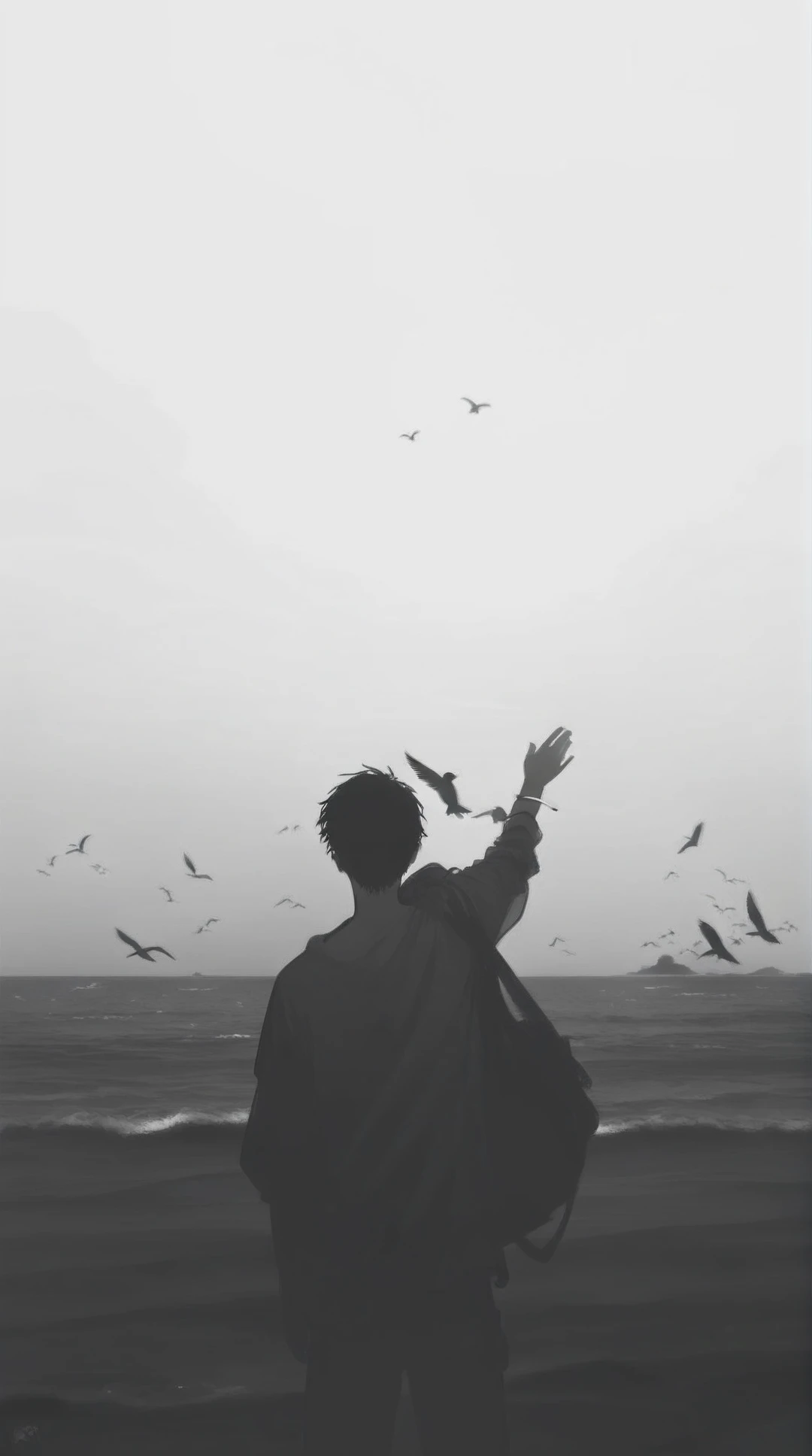 score_9_up,score_8_up,greyscale,monochrome,bird,1boy,ocean,outdoors,male focus,solo,from behind,arm up,beach,water,standing,animal,silhouette,