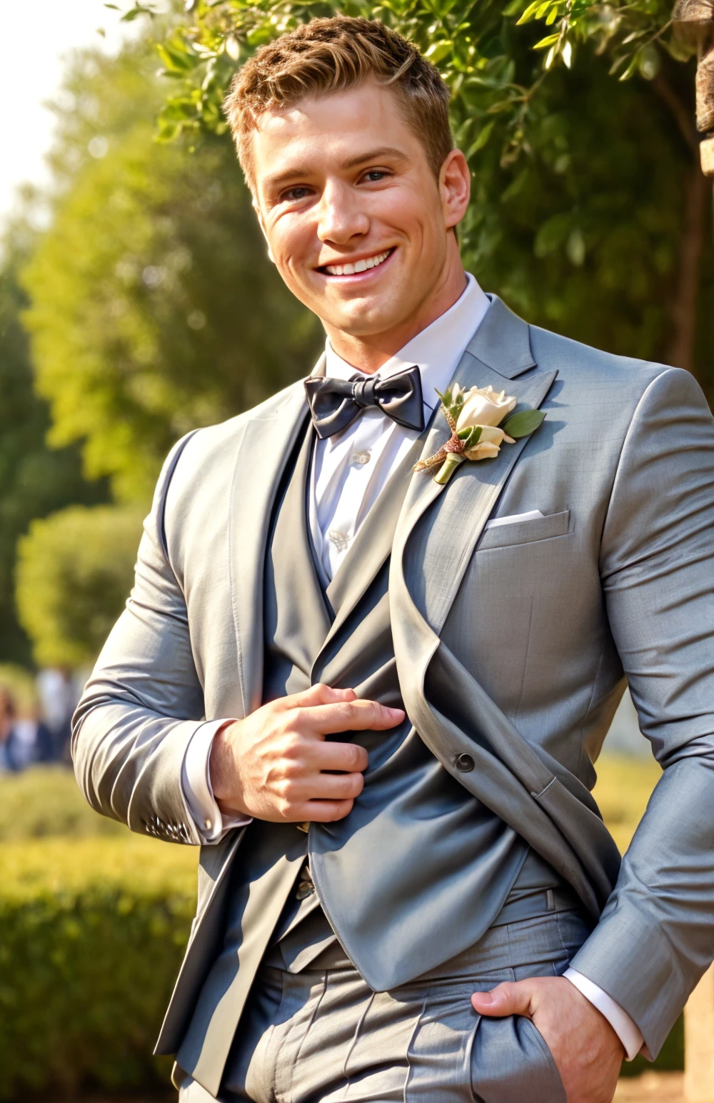 (face focus). (close up shot:0.9), <lora:BulkedUpAIR1.5:0.25>, (masculine:1.2), at outdoor sunny wedding, (wearing designer formal suit:1.3), sexy pose:1.0, confident, handsome, (((masterpiece))), (((best quality))), <lora:more_details:0.5>, (hands on waist), male, athletic, looking at viewer, smile, big pecs:1.2, RyanPhillipeActor, <lora:RyanPhillipeActor (1):1>