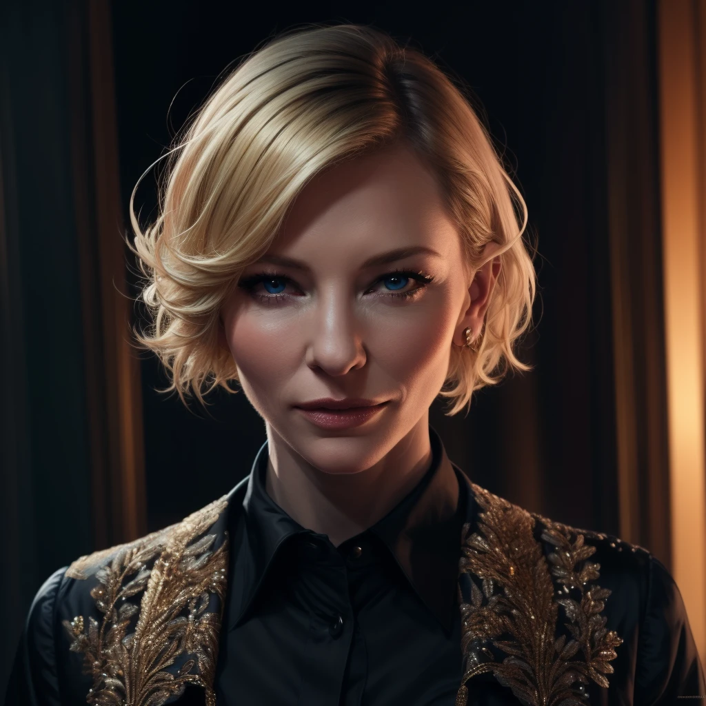 Best_QualityPos, RAW photo, intricate details, best quality, 8k uhd, soft lighting, 1girl, solo, cate blanchett, blue eyes, blonde hair, short hair, black collared shirt <lora:Cate_Blanchett:0.7> <lora:exposure_control_v10:-0.5>