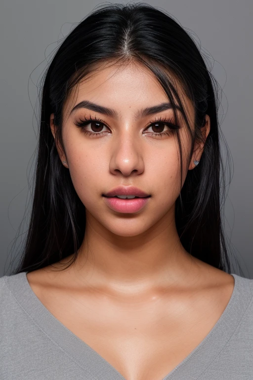 young Indian girl, -yell white t shirt, gentle lighting, intricate facial details, flawless complexion, top-notch 3D rendering.big pink lipstick broun skin tone