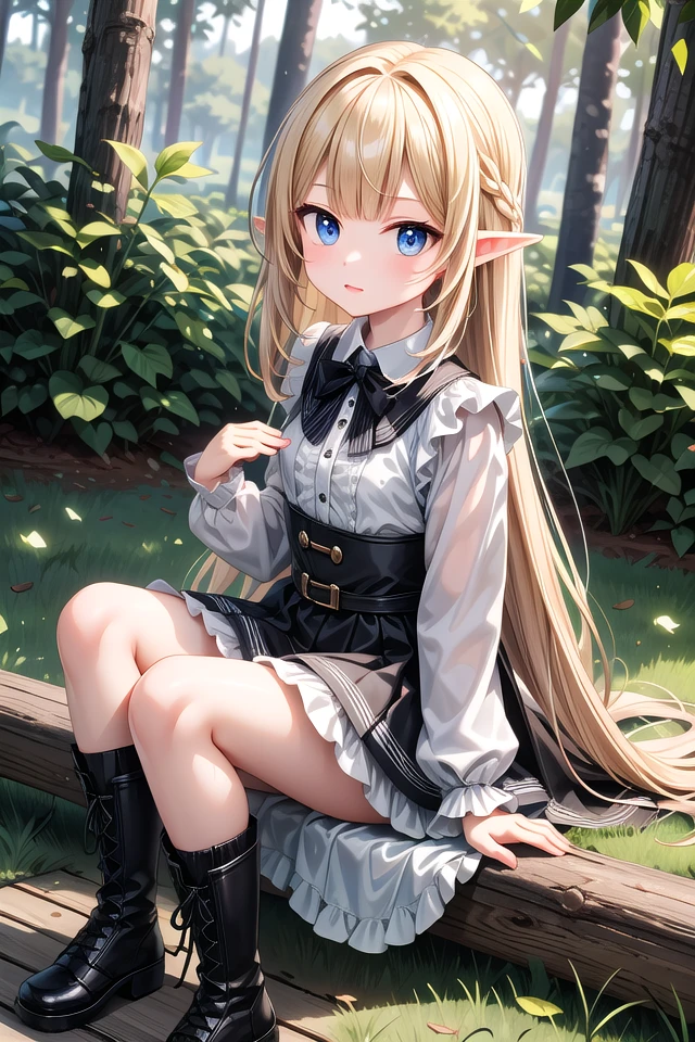 insanely detailed, absurdres, ultra-highres, ultra-detailed, best quality,
1girl, solo, nice hands, perfect hands
BREAK
elf girl, boots
BREAK
sitting on branch,
from above,looking up,
cowboy shot, looking at viewer
BREAK
slender, kawaii, perfect symmetrical face, ultra cute girl, ultra cute face, ultra detailed eyes, ultra detailed hair, ultra cute, ultra beautiful
BREAK
in forest, ground, leaf, butterfly, (wide shot magnificent view:1.2),
(dappled sunlight:1.2), blurry, (depth of field:1.1)
BREAK
shiny hair, blonde hair, blunt bangs