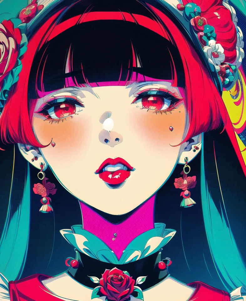 (Masterpiece), (highres), 8k, manga, digital illustration, 2d, retro artstyle, monochrome, partially colored,(ultra-detailed portrait of a woman,solo, shaded face, red rose, red theme, confident, jewelry, colorful, frill trim, extremely detailed, detailed face, lipstick, straight hair, bangs,stylish, expressive, blush, looking to the side, head tilt, cowboy shot, fully clothed, (8k resolution),post00d,Hajime_Saitou,,quju,Oiran,sugar_rune,sweetscape,hirom1tsu,perfect light<lora:EMS-91280-EMS:0.400000>, <lora:EMS-352161-EMS:1.500000>