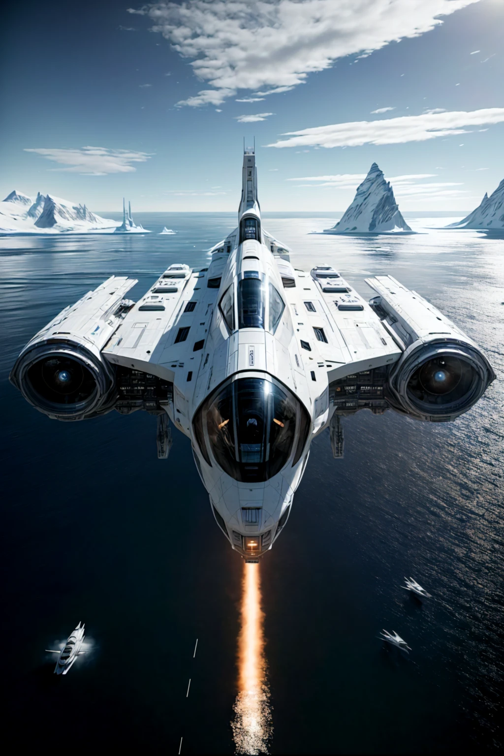 masterpiece, photorealistic highly detailed 8k raw photography, Dolly zoom, Advanced Bright Blue zzspczz flying above Polar Bear Families in the Arctic, cinematic special effects <lora:spacecraft v4.1:1>