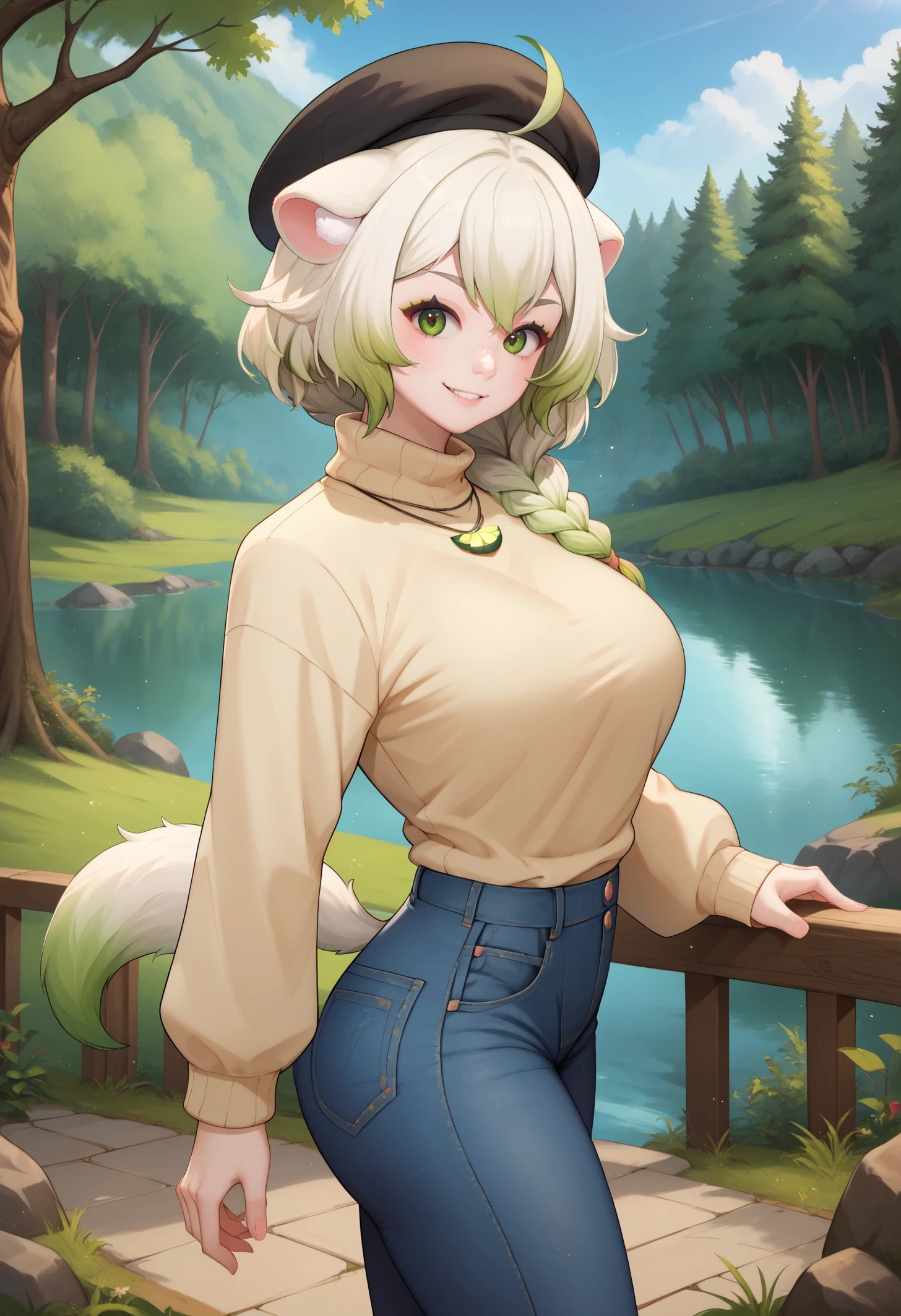 score_9, score_8_up, score_7_up, BREAK 1girl, solo, LaimuVT, green eyes, animal ears, tail, multicolored hair, medium hair, single braid, breasts, <lora:LaimuPDXL_V1-Manityro-CAME:1.0>, outdoors, river, forest,
looking at viewer, light smile, side view,
black beret, necklace, black sweater, turtleneck sweater, beige sweater, denim jeans