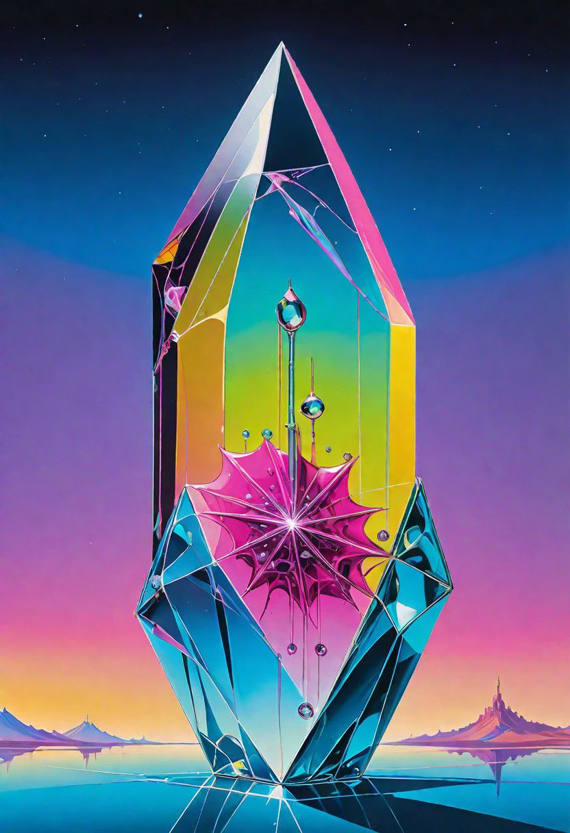 a detailed painting of a neon-transparent ancient crystal by Salvador Dal. smooth, solid, clean brushstrokes, high quality, cosmic eclipse. flowing, beautiful, surreal, unbelievable, prolific, fine detail, uhd 8k