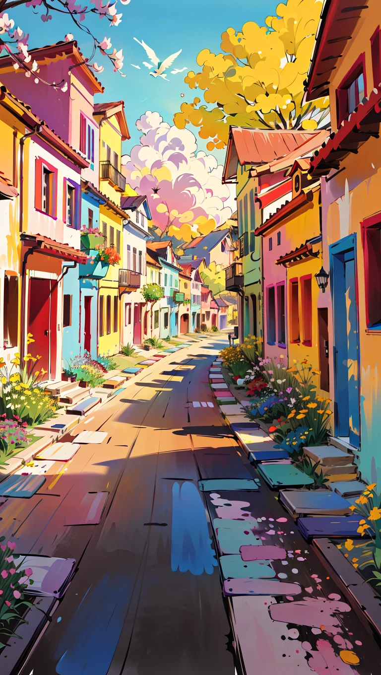 best quality,masterpiece,highly detailed,ultra-detailed, scenery,houses, no humans, brush stroke,alley, houses,flowers
 <lora:neg9V2_last:0.5> <lora:cartoonisationer-V4-8:0.5><lora:cartoonisationer:0.5> <lora:cartoonisationer-21st_ce:1>
  <lora:limitedpalette_last:-0.5>
 <lora:brushstroke_last:1>