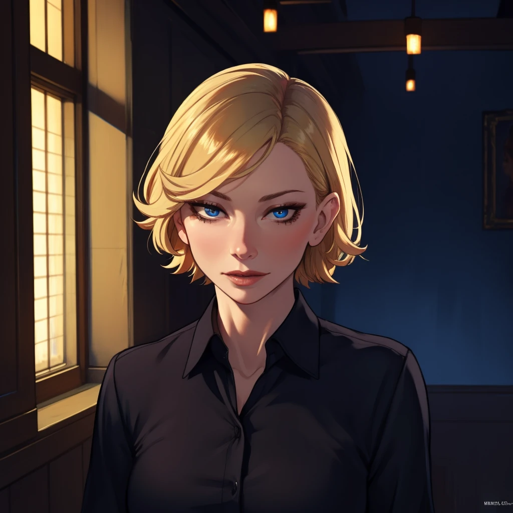 p Best_QualityPos, RAW photo, intricate details, best quality, 8k uhd, soft lighting, 1girl, solo, cate blanchett, blue eyes, blonde hair, short hair, black collared shirt <lora:Cate_Blanchett:0.7> <lora:exposure_control_v10:-0.5>