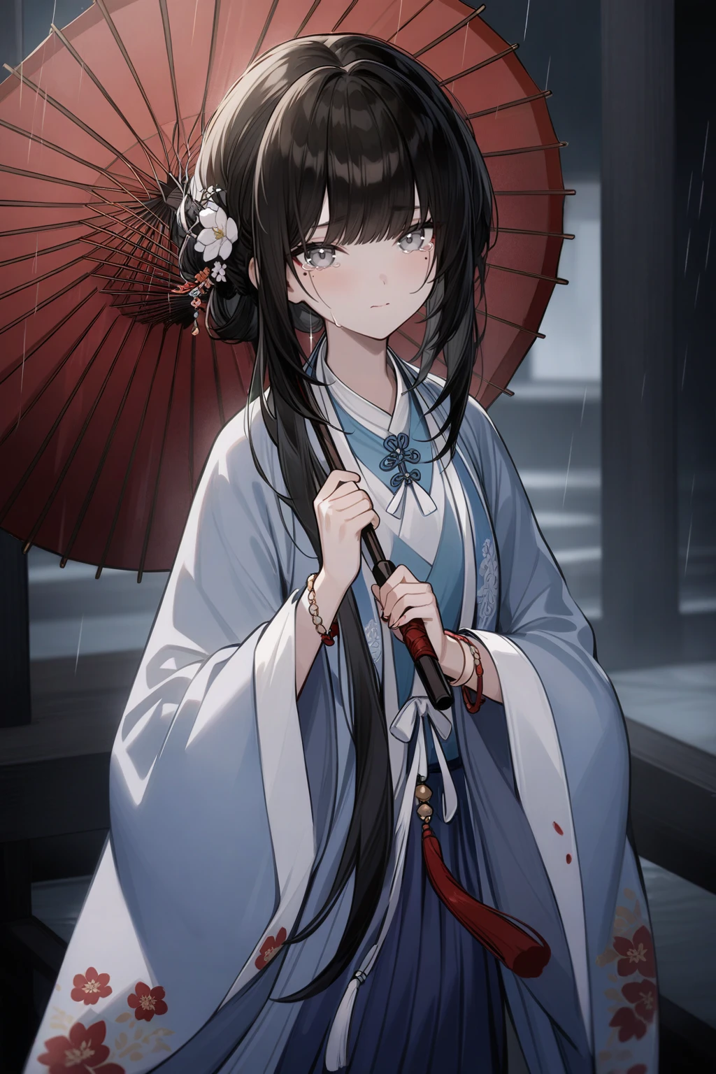 masterpiece,best quality,very aesthetic,absurdres,raining blood,
<lora:mansui_xl:0.75>,mansui, mansui2, 1girl, solo, holding, umbrella, black hair, looking at viewer, long hair, holding umbrella, hanfu, hair ornament, mole under eye, chinese clothes, bangs, bracelet, wide sleeves, long sleeves, closed mouth, oil-paper umbrella, flower, hair flower, jewelry, grey eyes,crying with eyes open,