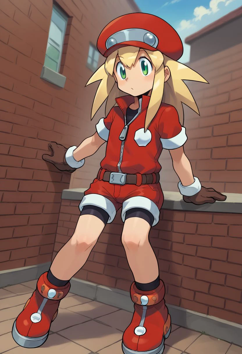 score_9, score_8_up, score_7_up, source_anime,
ishikawa hideki style, roll caskett (mega man), hair between eyes, bangs, long hair, spiked hair, blonde hair, green eyes, red cabbie hat, brown gloves, short sleeves, brown belt, red bodysuit, zipper, bike shorts under red bodysuit, red boots,