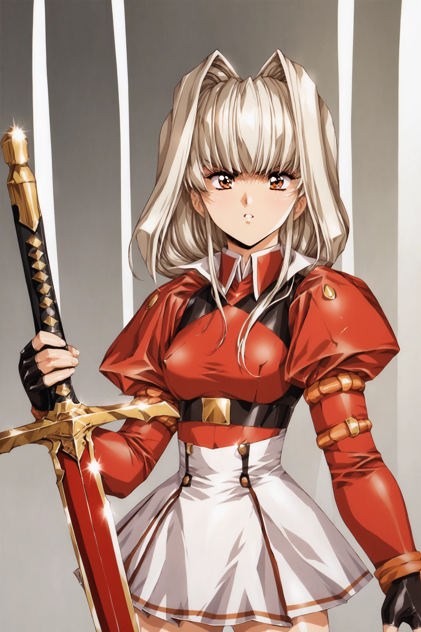 1girl,solo,charlone claudius,red sleeves,red shirt,juliet sleeves,microskirt,white skirt,fingerless gloves,looking at viewer,v-shaped eyebrows,sword,holding sword,standing,score_9,score_8_up,<lora:Urushihara Satoshi_XL_PONY_V2:0.8>,<lora:charlone-growlanser-ponyxl-000020:0.6>,