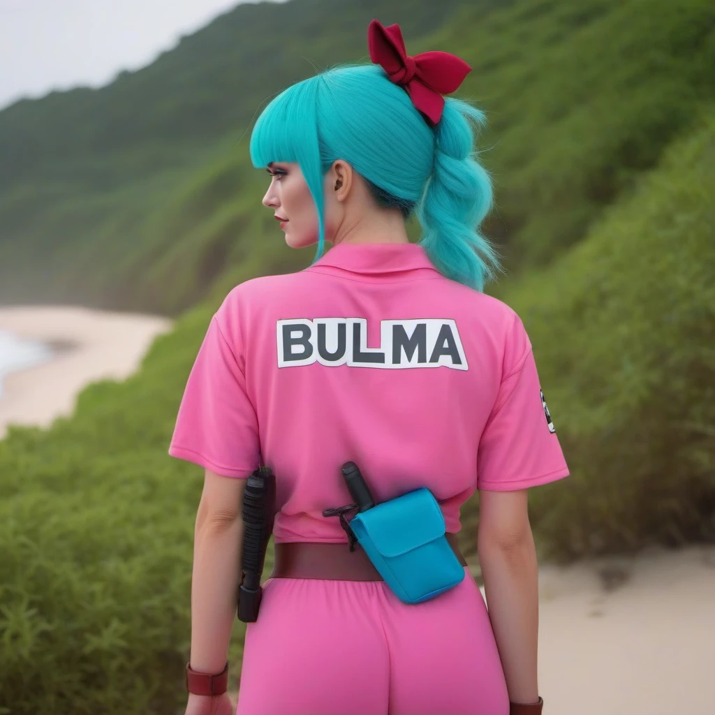 cinematic photo a woman with blue hair in a pink outfit, (((text ''BULMA''))), beach jungle <lora:Bulma1024:0.8> . 35mm photograph, film, bokeh, professional, 4k, highly detailed