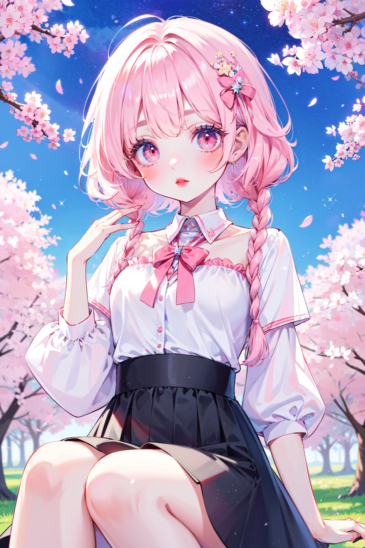((best quality, masterpiece, absurbres, super-resolution))1girl, Cherry blossoms, pink braided bangs, cute, kawaii, stars hair accessories, red eyes, pink blush
