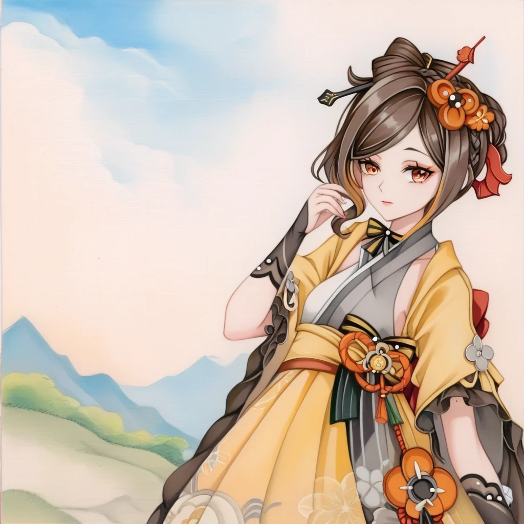 absurdres, best quality, uncensored, score_9, score_8_up, score_7_up, 1girl, solo, chiori_\(genshin_impact\), traditional media, <lora:liaozhaiquantu_style_ponyXL_v1.0:1>, <lora:genshin_pony_v2:1>,