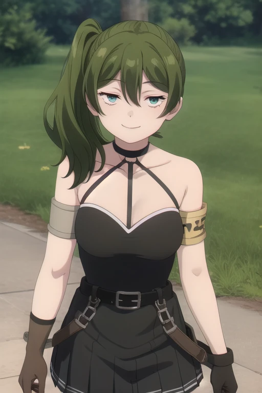 ((masterpiece)),(best quality),official art,extremely delicate and beautiful,extremely detailed CG,unity 8k wallpaper,ultra detailed,beautiful detailed eyes,extremely detailed face,outdoors,1girl,solo,cowboy shot,looking at viewer,facing viewer,smile,long hair,green hair,side ponytail,hair between eyes,bangs,green eyes,black choker,halterneck,bare shoulders,collarbone,black dress,sleeveless dress,pleated dress,medium breasts,armlet,armband,single glove,black gloves,belt,black socks,boots,black footwear,<lora:Übel(snf)>,