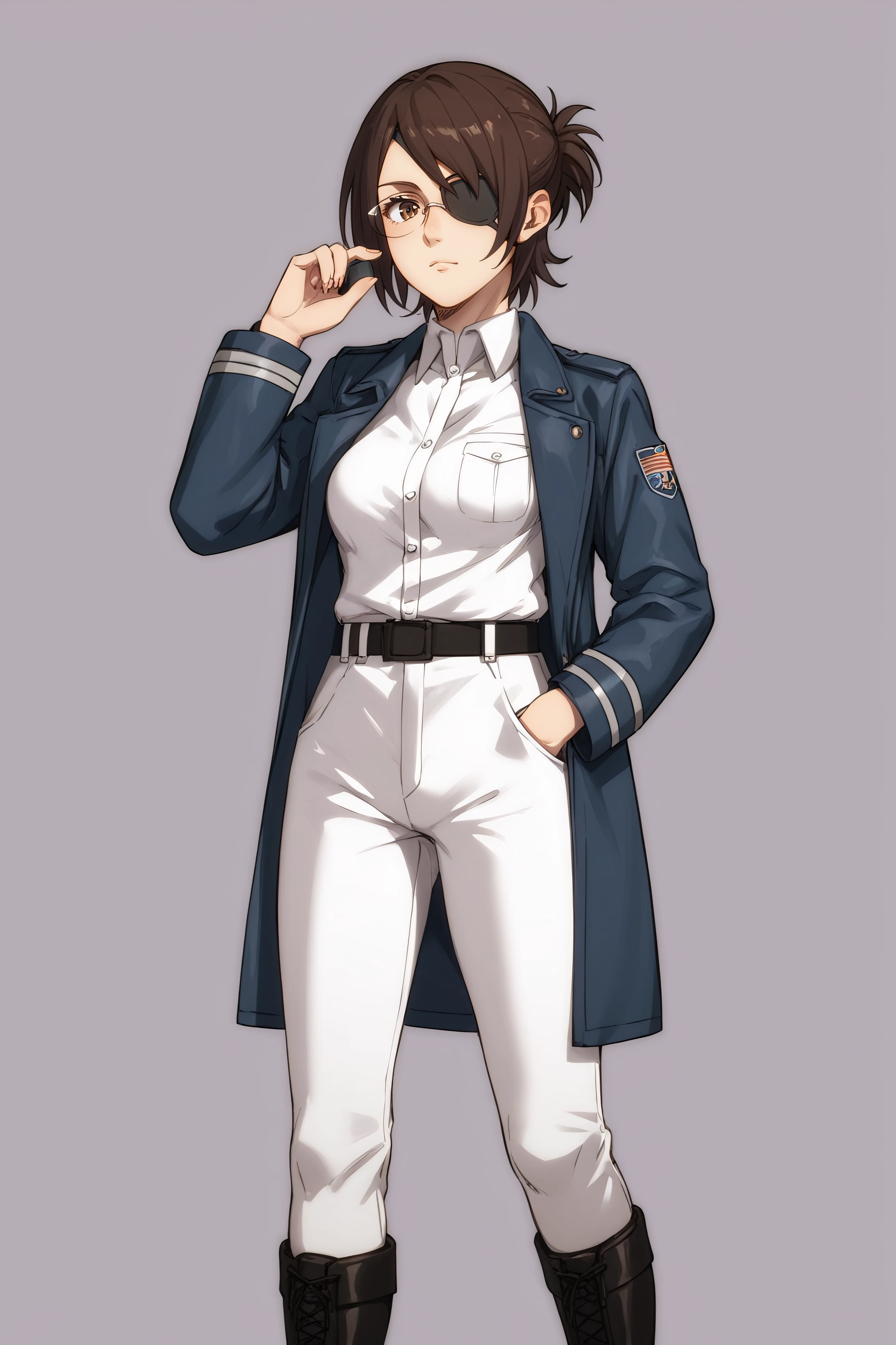 score_9, score_8_up, score_7_up, BREAK source_anime, <lora:hange zoë-PonyXL-lora-Faxtron:0.8> hange, glasses, brown eyes, dark brown hair, medium breasts, eye patch, military overcoat, survey corps \(emblem\), white shirt, white pants, knee boots, standing,