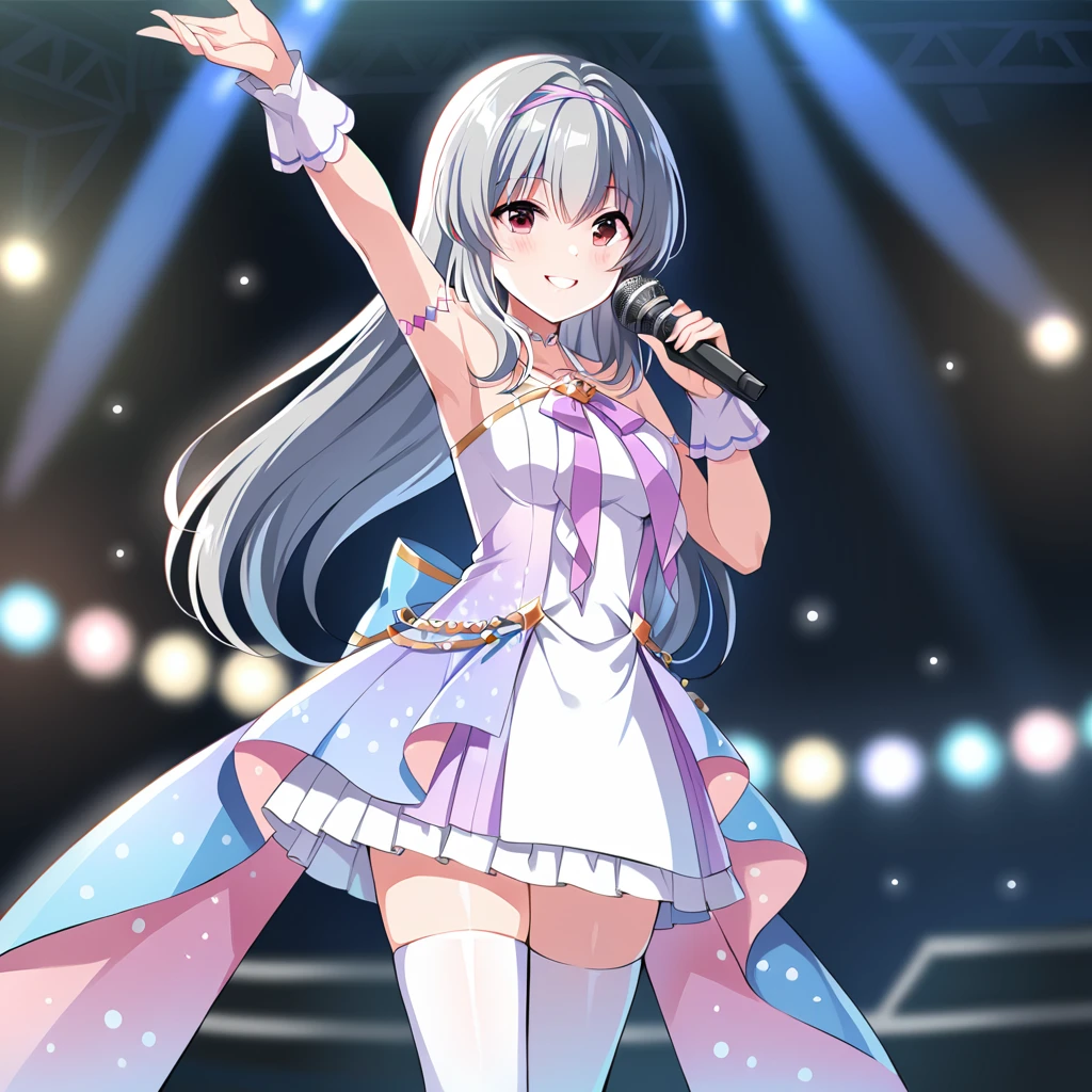 [high quality, best quality], [cinematic],1girl,solo,tendorui,TRui idolcostume,ooking at viewer,thighhighs,high heel boots,,on stage ,depth of field, bokeh, bloom, hdr, singing,smile, blush,cinematic_angle<lora:TRUI2:0.7>