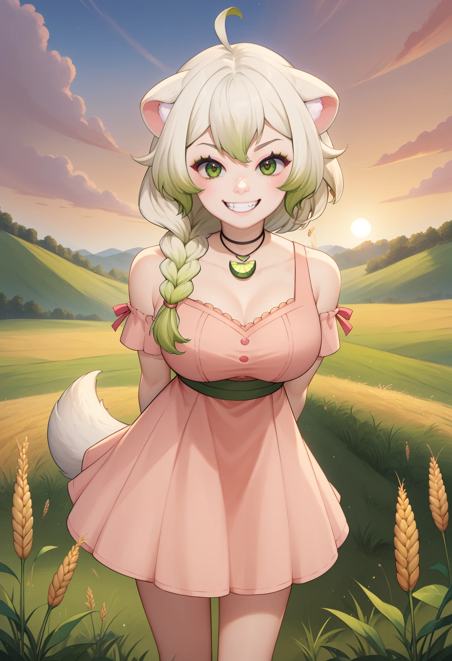 score_9, score_8_up, score_7_up, BREAK 1girl, solo, LaimuVT, green eyes, animal ears, tail, multicolored hair, medium hair, single braid, breasts, <lora:LaimuPDXL_V1-Manityro-CAME:1.0>, outdoors, wheat field, sunset,
looking at viewer, grin, leaning forward, arms behind back,
choker, necklace, pink dress,