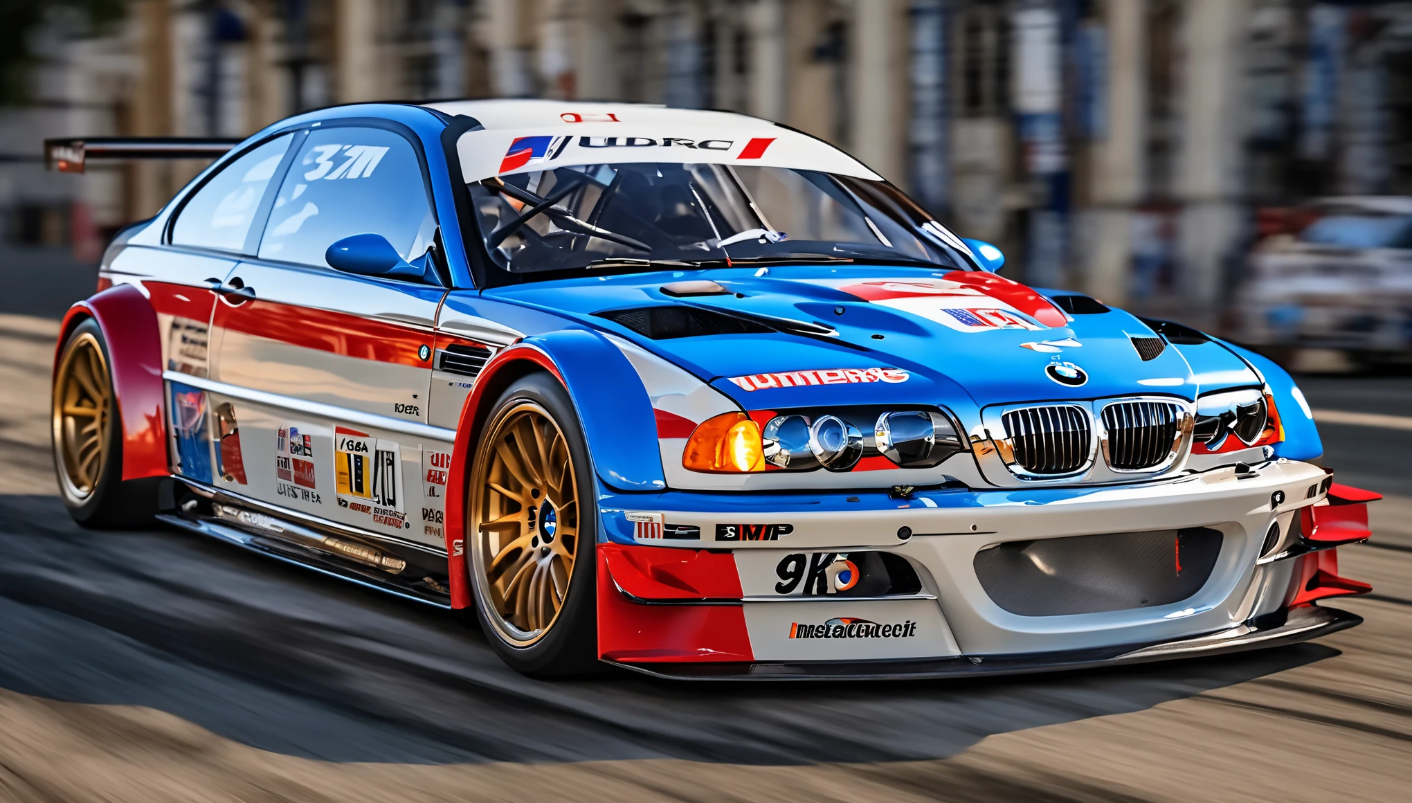 BMW M3 GTR E46, masterpiece, best quality, in motion, full specular sharpened 3D, HDR, UHD, vivid colors, occlusion, masterpiece, panorama, super detail, accurate, best quality, 16K, ultra-super quality, ultra-photo realistic detail, utltra-high nanite atmospheric lighting, ultra-high detailed reflections, very far shot, ultra-wide angle, 4D composite mapping, ultra-high 3D depth mapping quality, ultra-high render quality, OLED, dynamic rich shadows, ultra-high realistic graphics, HDR, (very far shot), ultra-high background detail, god rays, backlighting