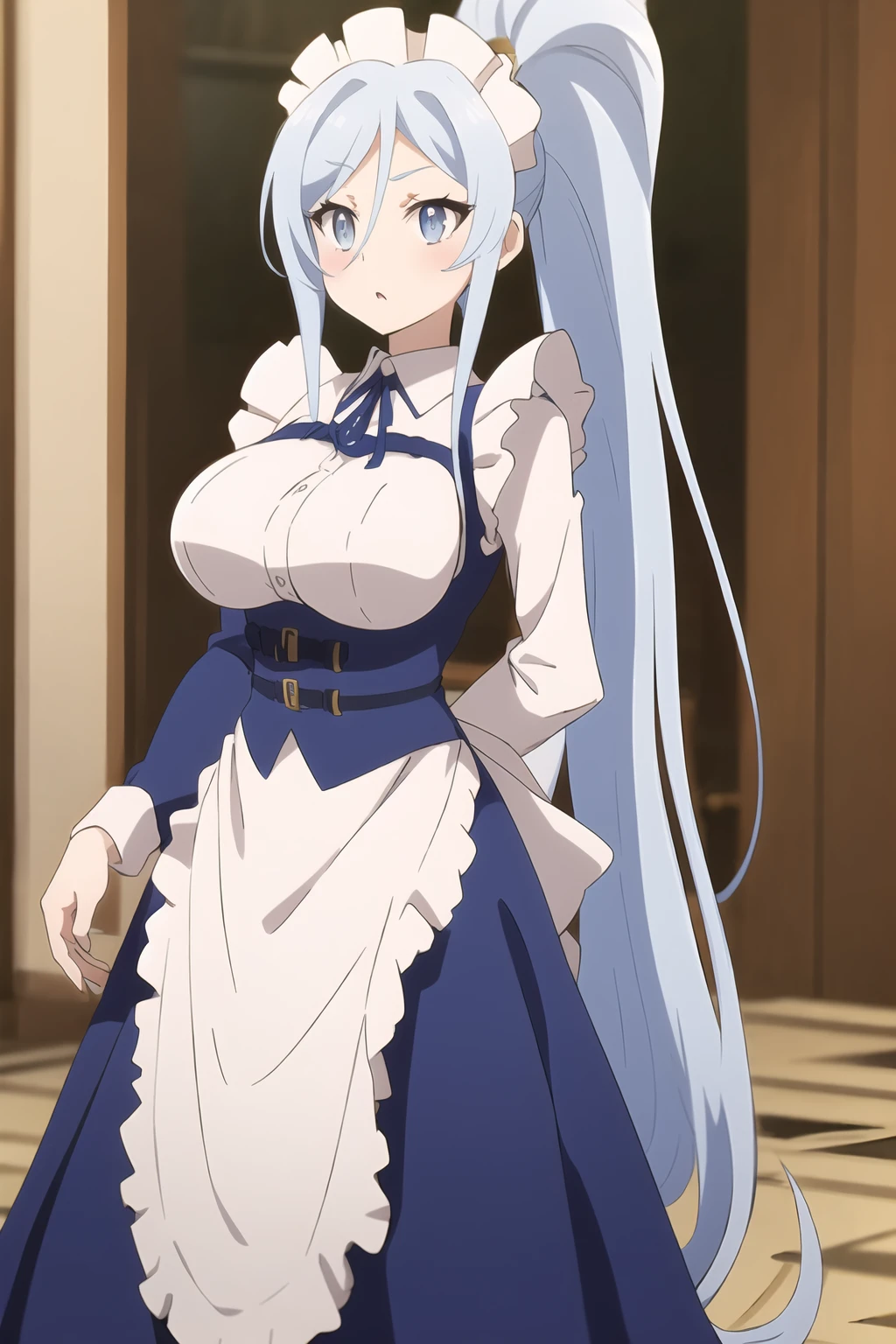 Sylpha, 1girl, solo, long hair, breasts, large breasts, dress, very long hair, blue hair, ponytail, maid, maid headdress, <lora:Sylpha - Dainanaoji T1:0.8>
