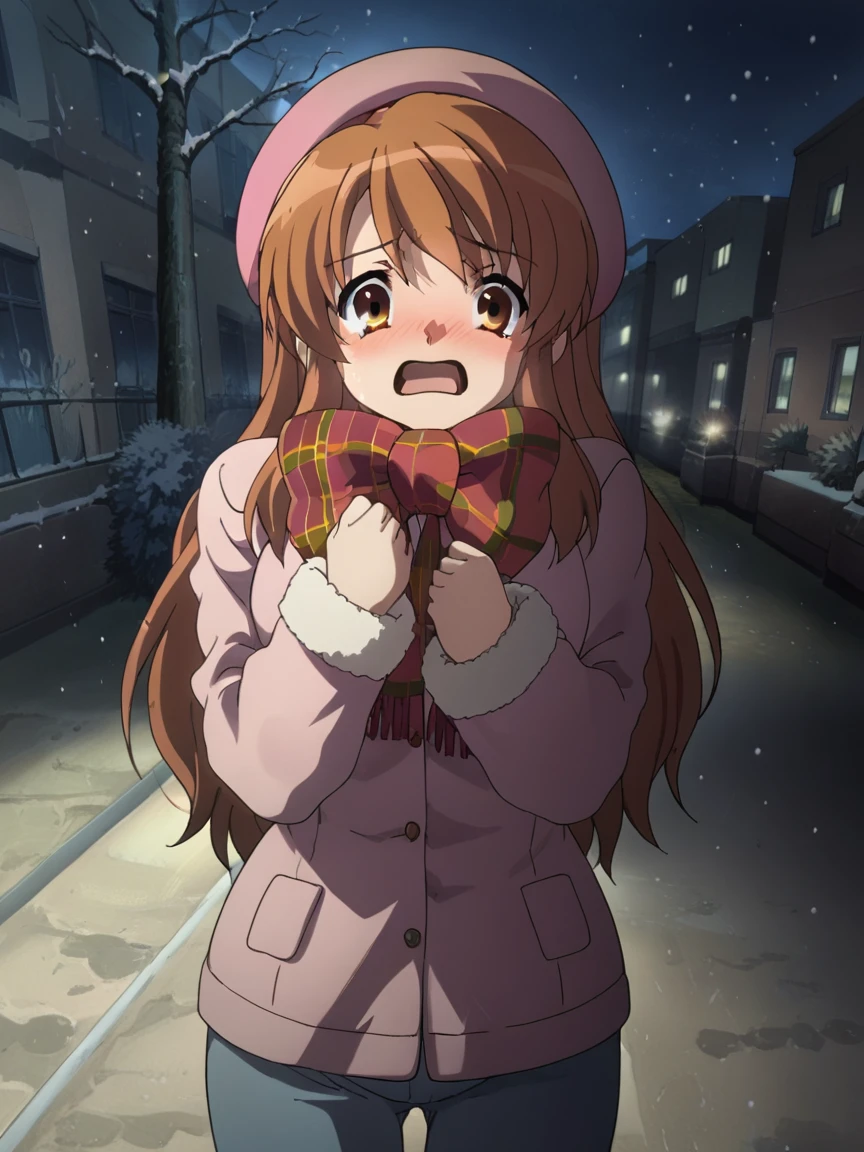 score_9, score_8_up, score_7_up, source_anime, girl, Mikuru, brown eyes, ginger hair color, long hair, big breasts, winter pink jacket, pink beret, pants, <lora:Mikuru_Asahina_SDXL:1>, standing, scared, scream, blush, front view, background city, at night, snow, snowflake, snowfall, masterpiece, 4k, best quality