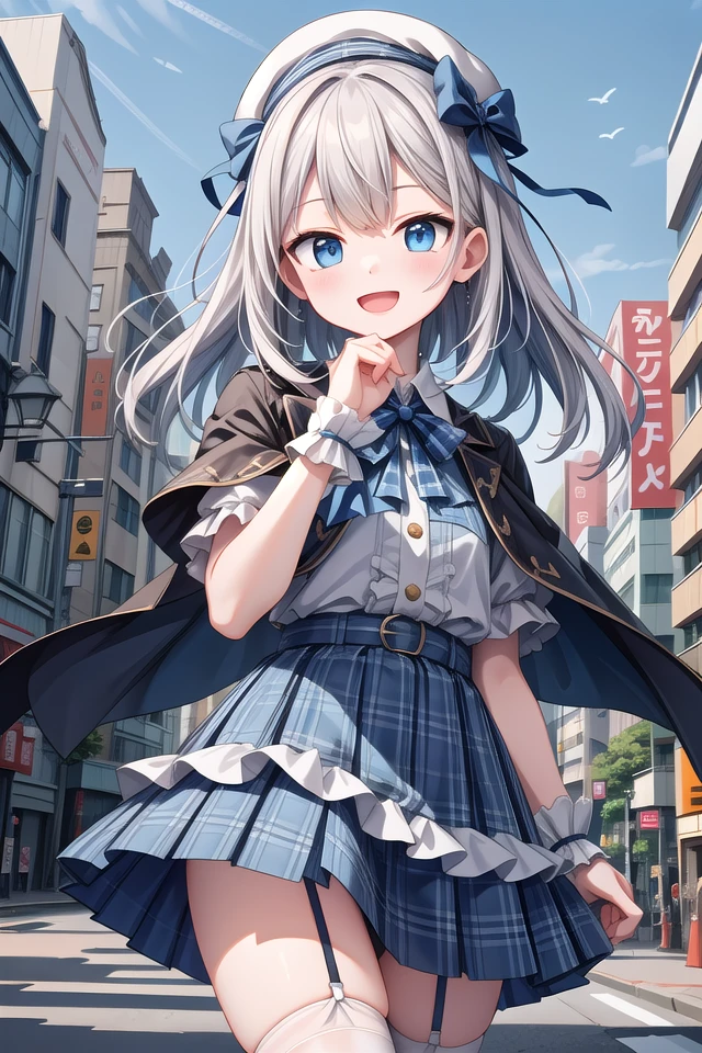 (cleavage:-1.5), insanely detailed, absurdres, ultra-highres, ultra-detailed, best quality,
1girl, solo, nice hands, perfect hands,
BREAK
(gothic drress, Idol costume:1.3), (blue and white theme:1.2), (white blouse:1.4), (white collar, tie:1.3), (open short-cape:1.3), (short sleeve:1.2), (blue tartan-check pattern (ruffle-skirt, multilayer-skirt):1.4), (white basque-beret with ribbon:1.3), (Fishnet stockings:1.3), (glove:1.2), (cleavage:-1.5)
BREAK
happy smile, laugh, open mouth,
standing,own hands together,
cowboy shot,
BREAK
slender, kawaii, perfect symmetrical face, ultra cute girl, ultra cute face, ultra detailed eyes, ultra detailed hair, ultra cute, ultra beautiful,
BREAK
cityscape in tokyo, ultra detailed background, blue sky, bay side, panorama view,
medium breasts, white hair, blue eyes