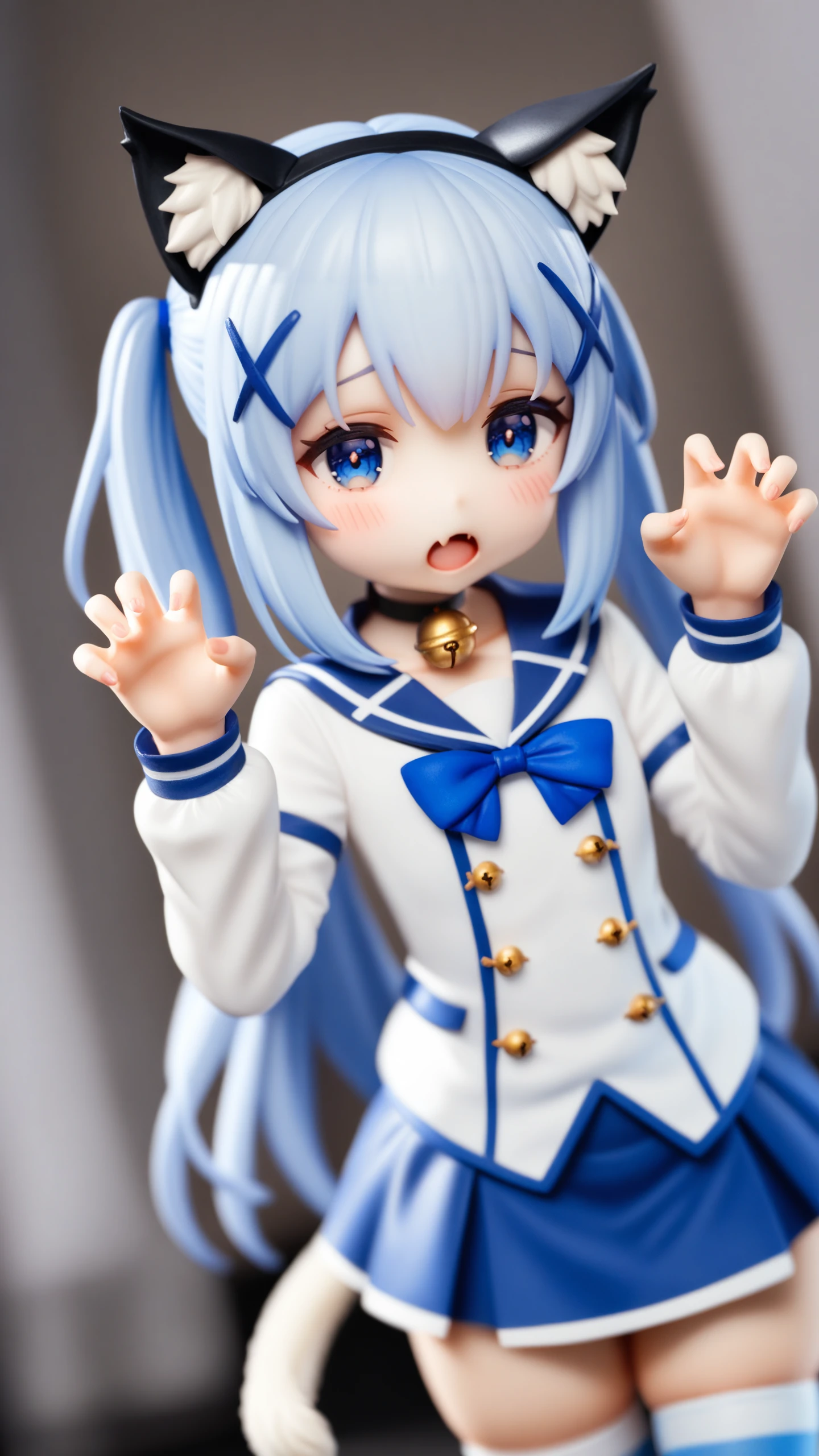 surreal,amazing quality,masterpiece,best quality,awesome,inspiring,cinematic composition,soft shadows,Film grain,shallow depth of field,highly detailed,high budget,cinemascope,epic,color graded cinematic,atmospheric lighting,imperfections,natural,shallow dof,
kafuu chino,1girl,animal ears,thighhighs,solo,blue eyes,bell,cat ears,long hair,tail,striped thighhighs,x hair ornament,blue hair,sailor collar,neck bell,striped clothes,cat tail,skirt,fang,open mouth,twintails,jingle bell,hair ornament,bow,choker,shirt,looking at viewer,white shirt,blue sailor collar,tail ornament,long sleeves,skin fang,jacket,hairband,animal ear fluff,cat girl,blush,claw pose,collarbone,black choker,blue bow,