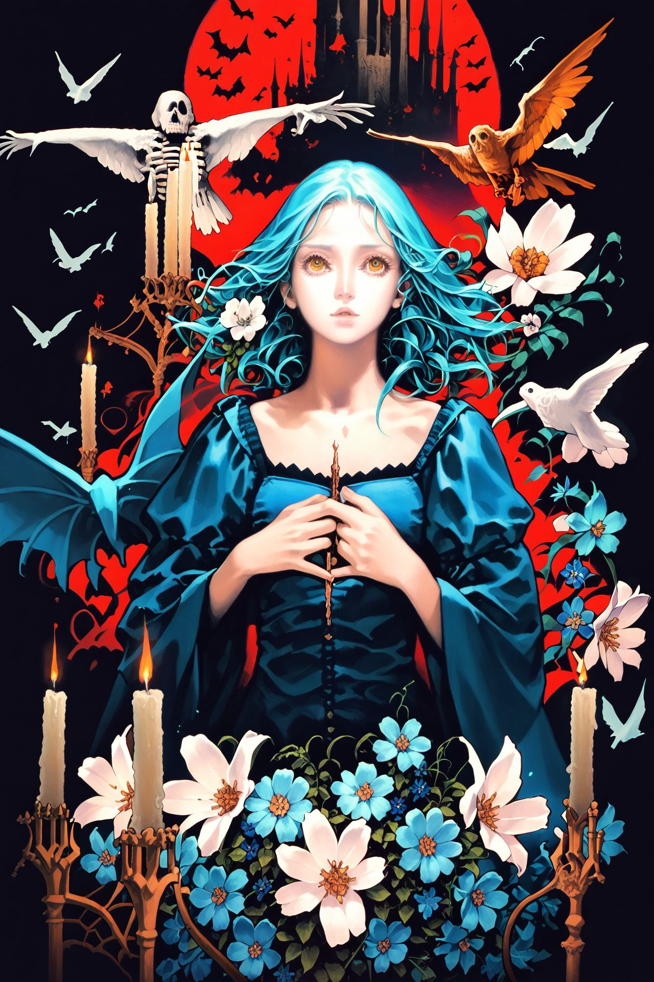 score_9, score_8_up, score_7_up, 1girl, flat chest, happiness, aqua hair, mullet, yellow eyes, feathers, castle, Daffodil, \(flower\), blooming flower, skeleton, candle, bat, bird, abstract background, <lora:Kojima_Ayami_PonyXL_style_v01:1>