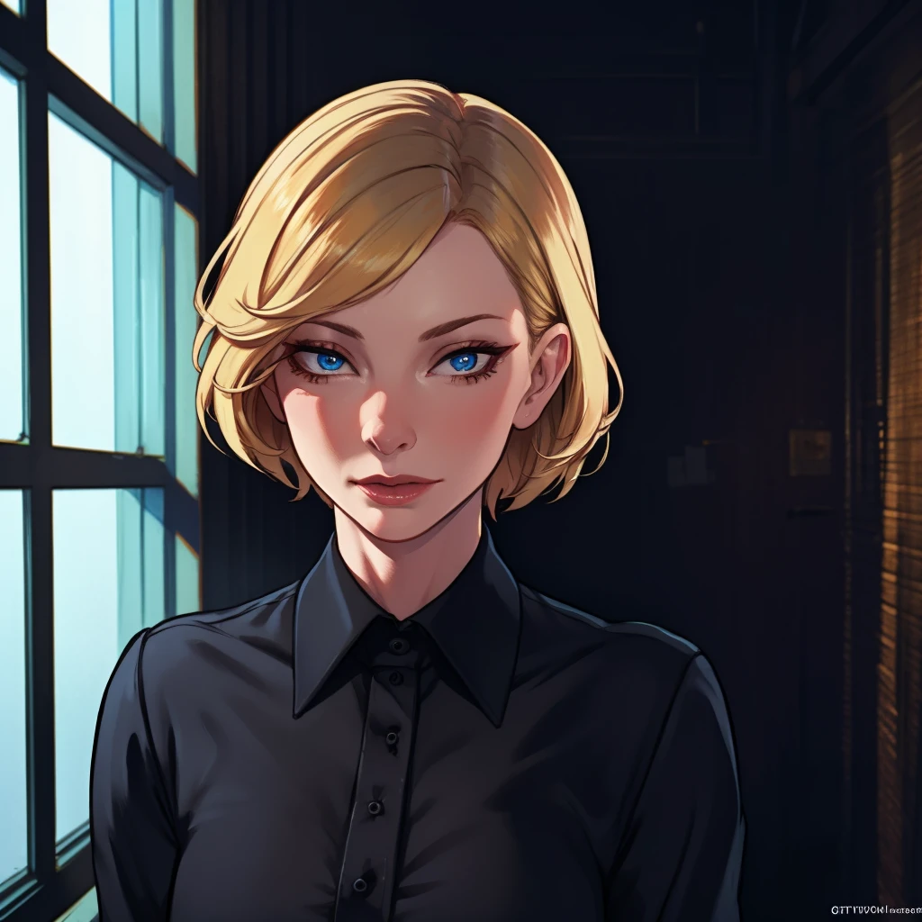 p Best_QualityPos, RAW photo, intricate details, best quality, 8k uhd, soft lighting, 1girl, solo, cate blanchett, blue eyes, blonde hair, short hair, black collared shirt <lora:Cate_Blanchett:0.7> <lora:exposure_control_v10:-0.5>